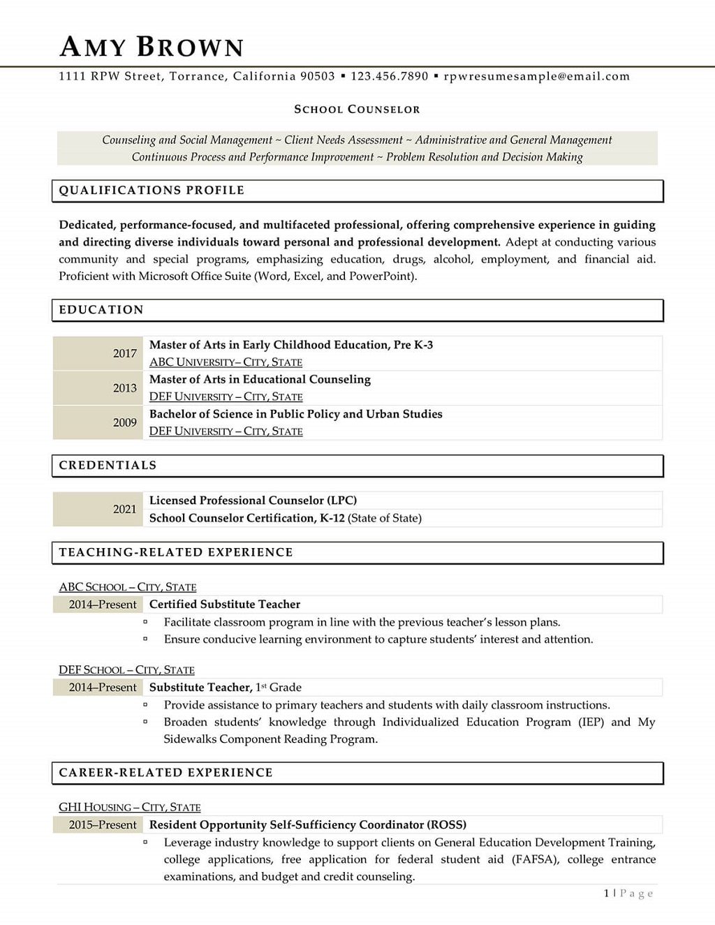 School Counselor Resume Page 1