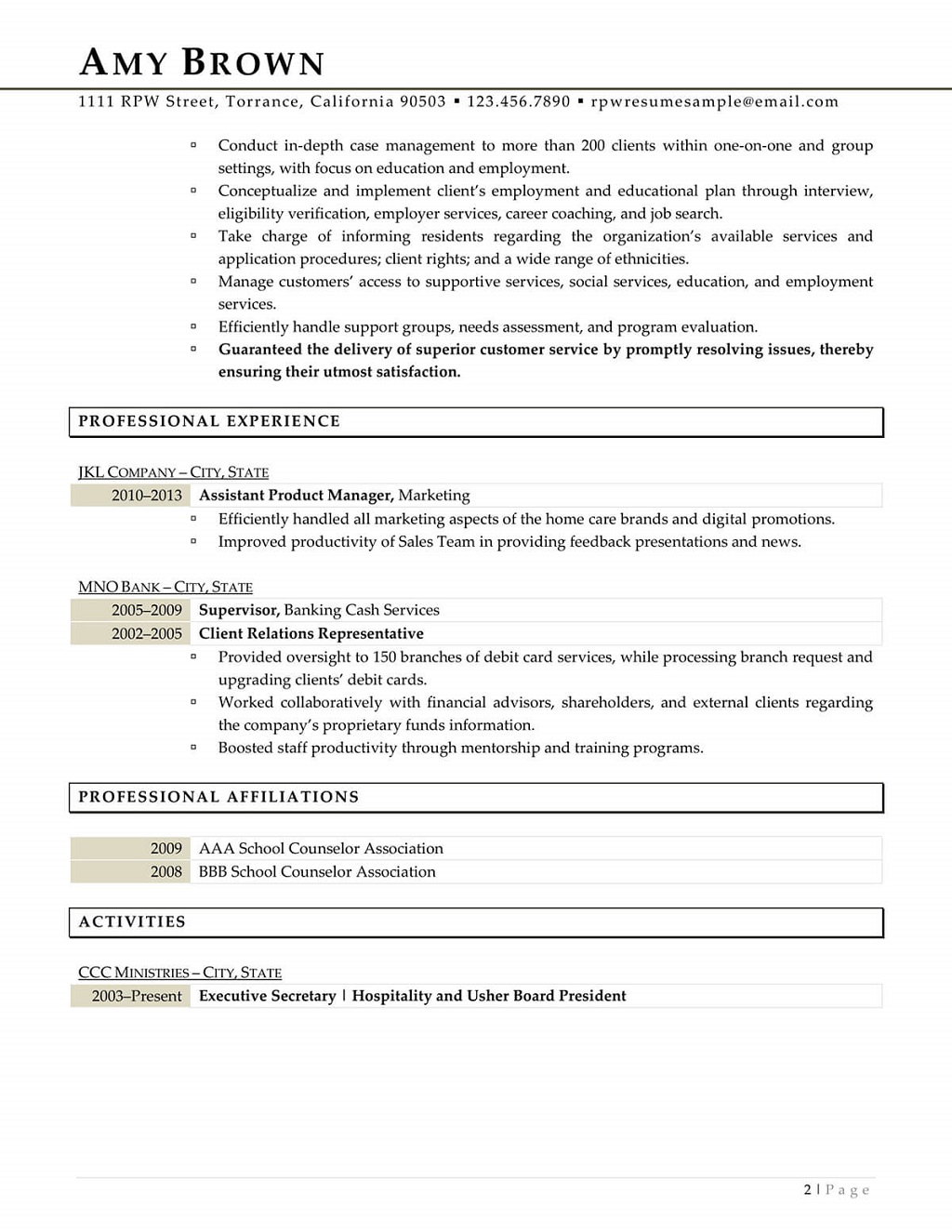 School Counselor Resume Page 2