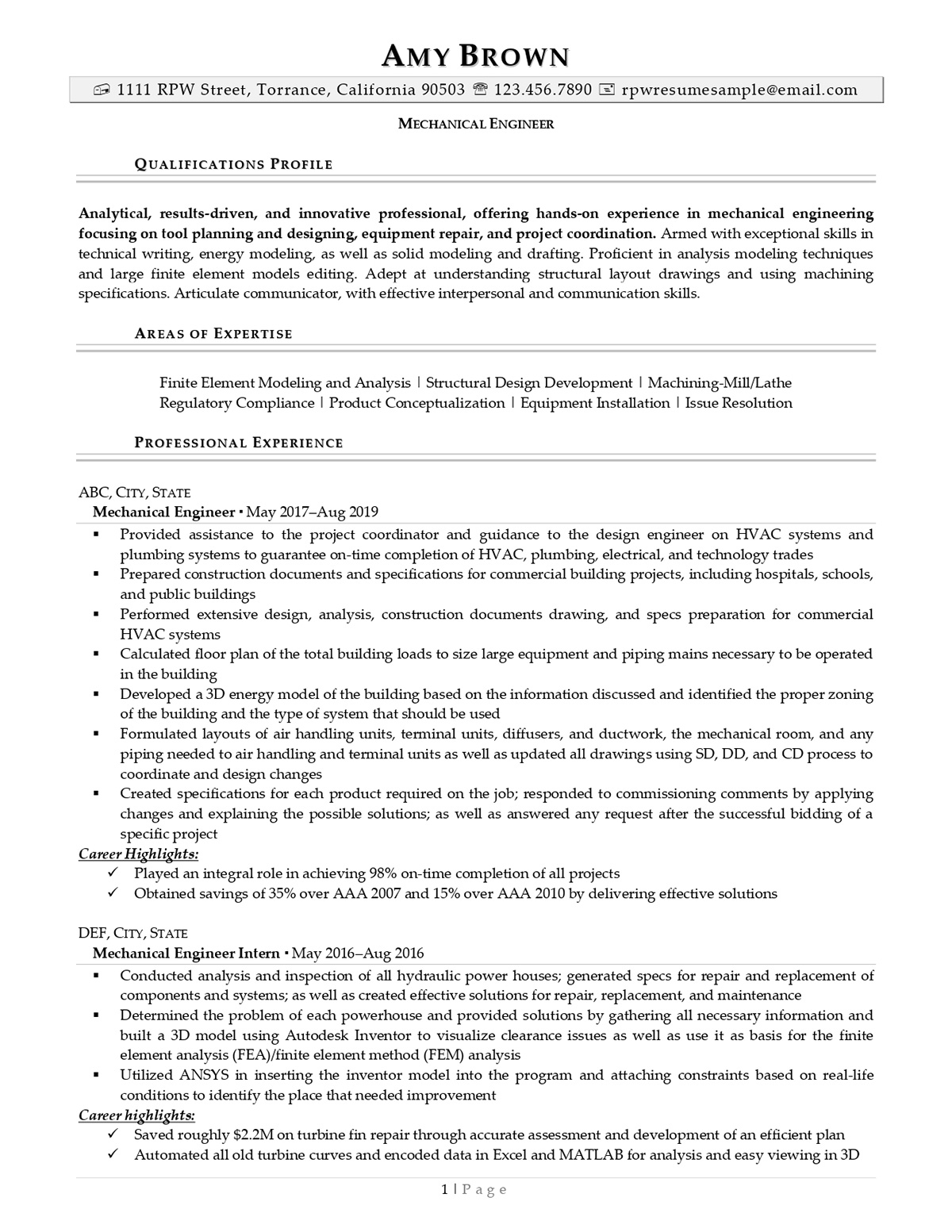 Resume Professional Writers Mechanical Engineer Resume Example Page One