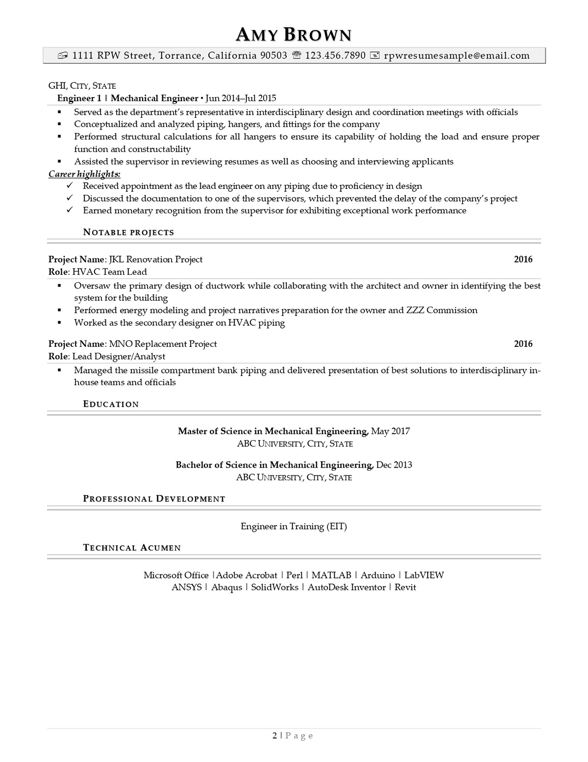 Resume Professional Writers Mechanical Engineer Resume Example Page Two