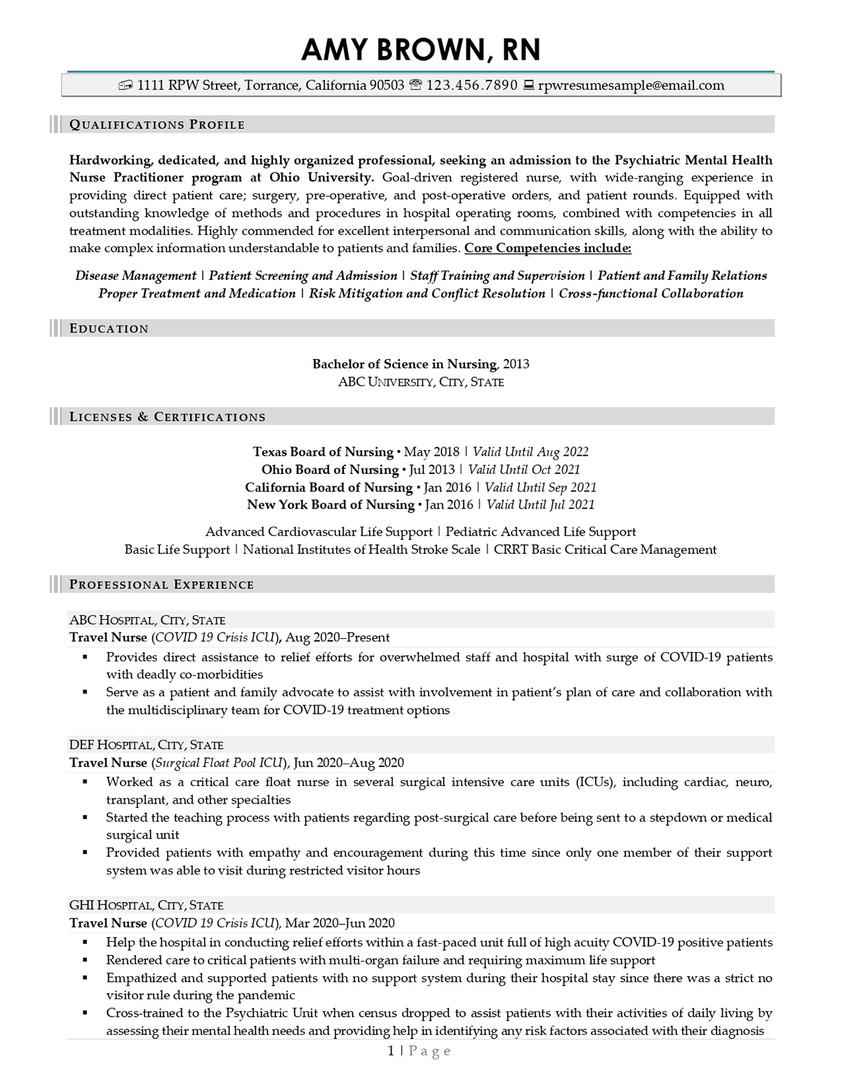 Travel Nurse Resume Sample Page 1 From Resume Professional Writers