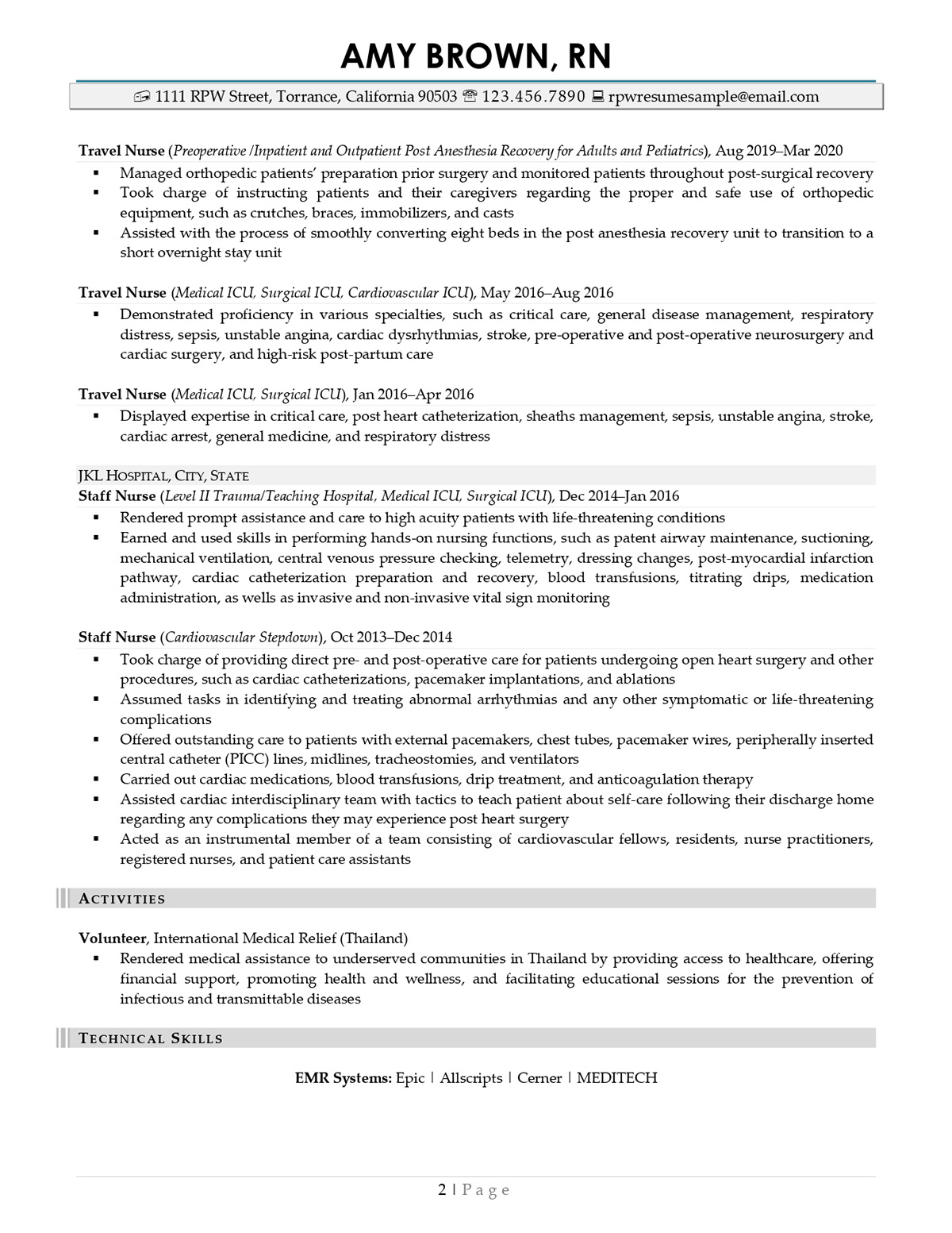Travel Nurse Resume Sample Page 2 From Resume Professional Writers
