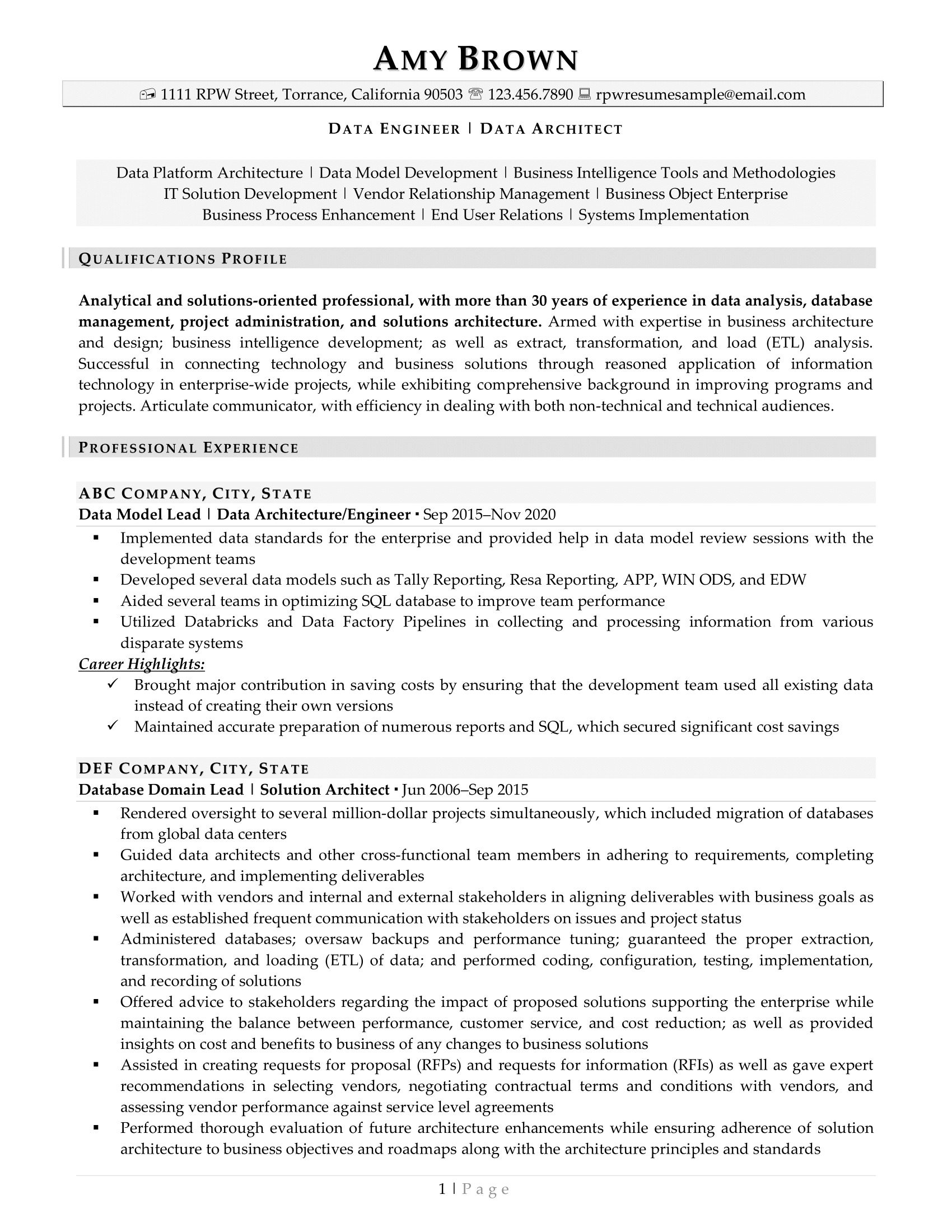 Resume Professional Writers Data Engineer Resume Example Page One
