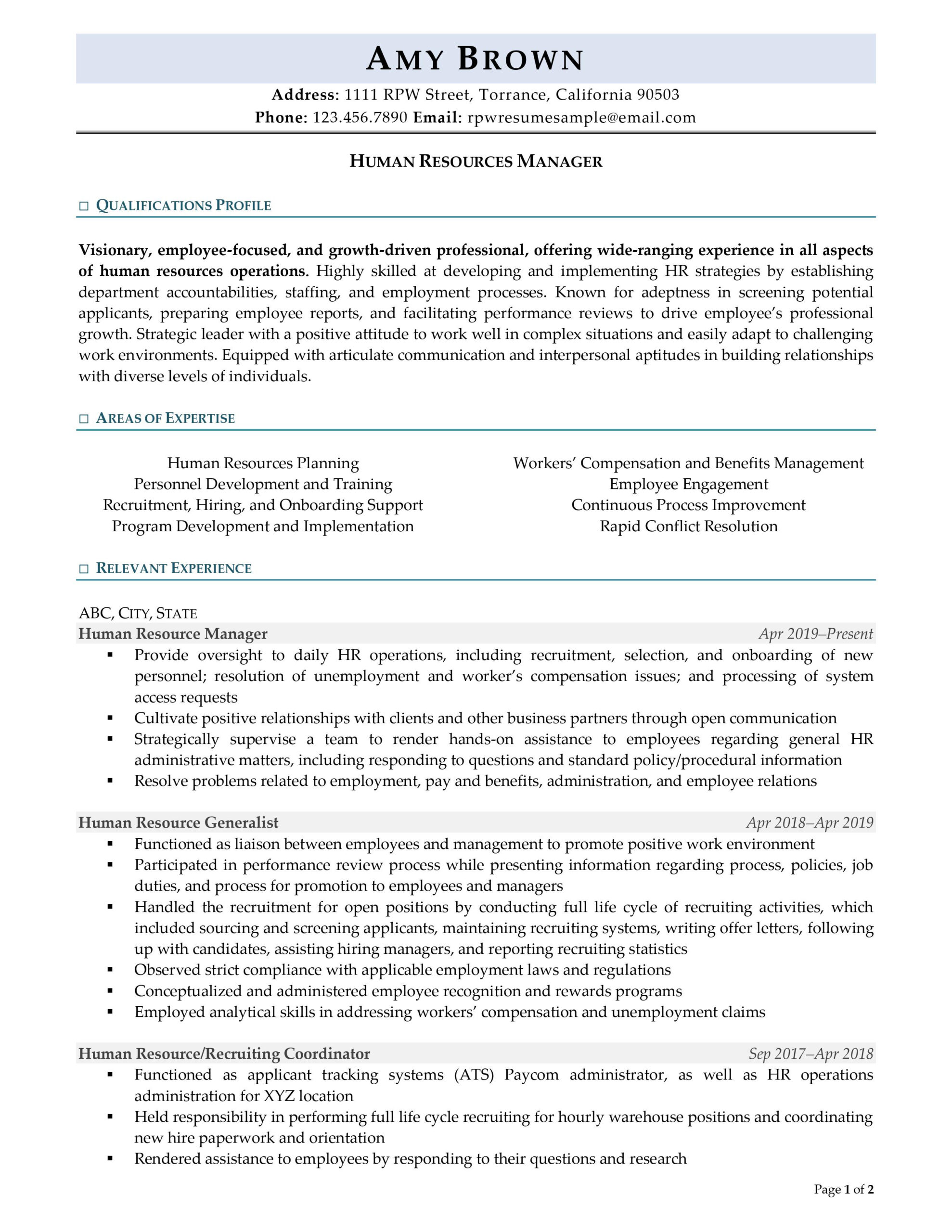 Resume Professional Writers Hr Manager Resume Example Page 1