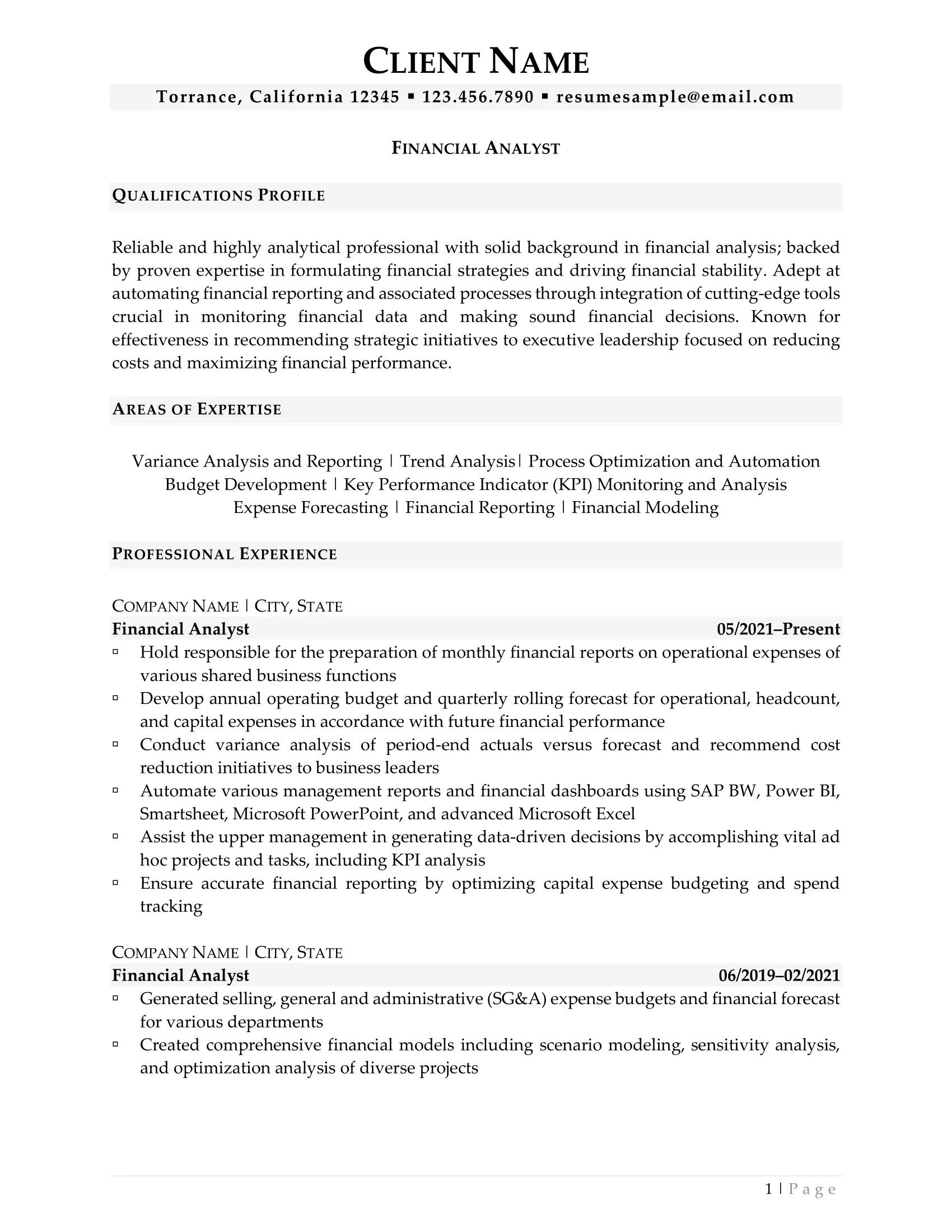 Financial Analyst Resume Example Page 1