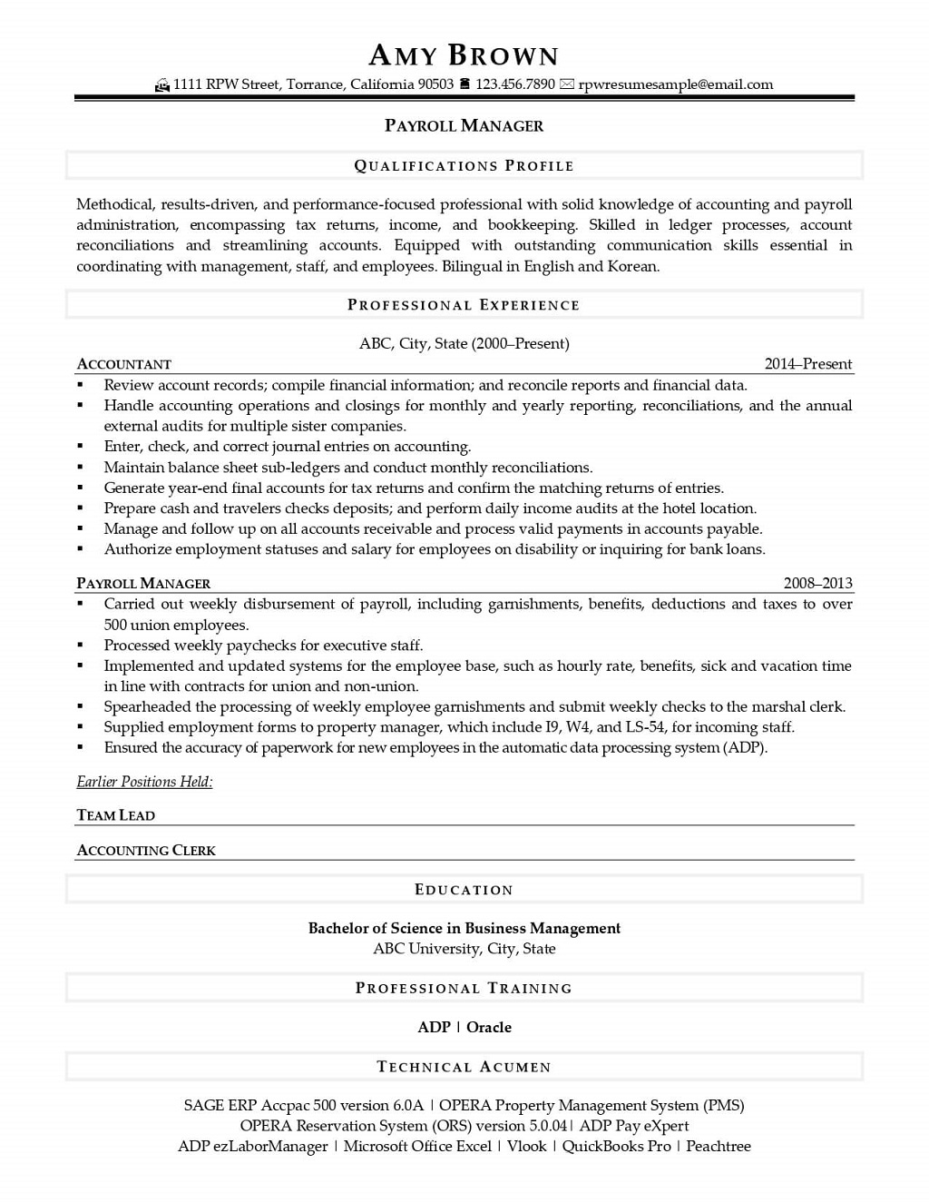 Payroll Manager Resume Example