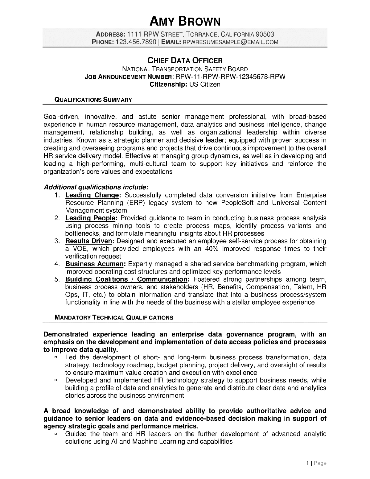 Chief Data Officer Federal Resume Example Page 1