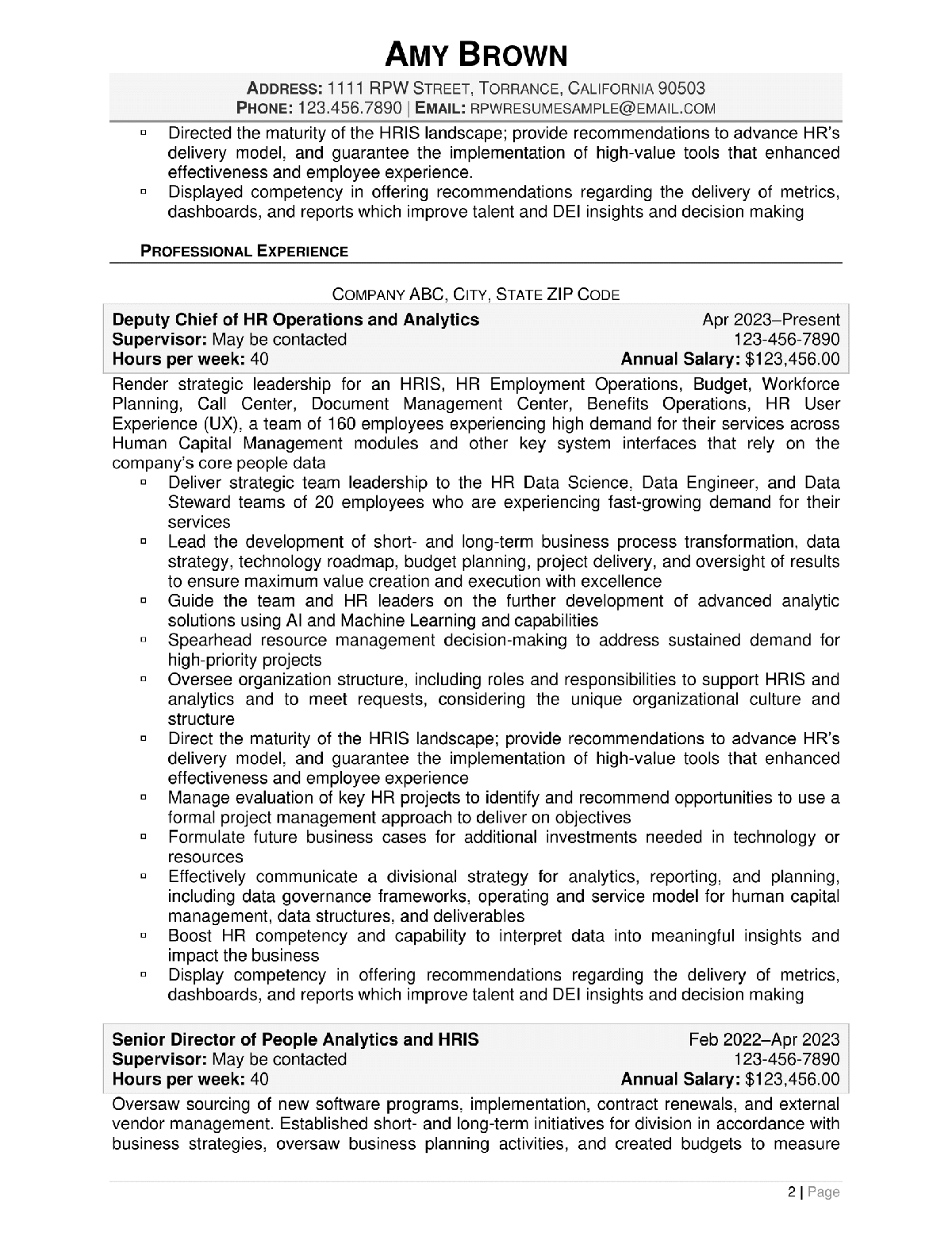 Chief Data Officer Federal Resume Example Page 2