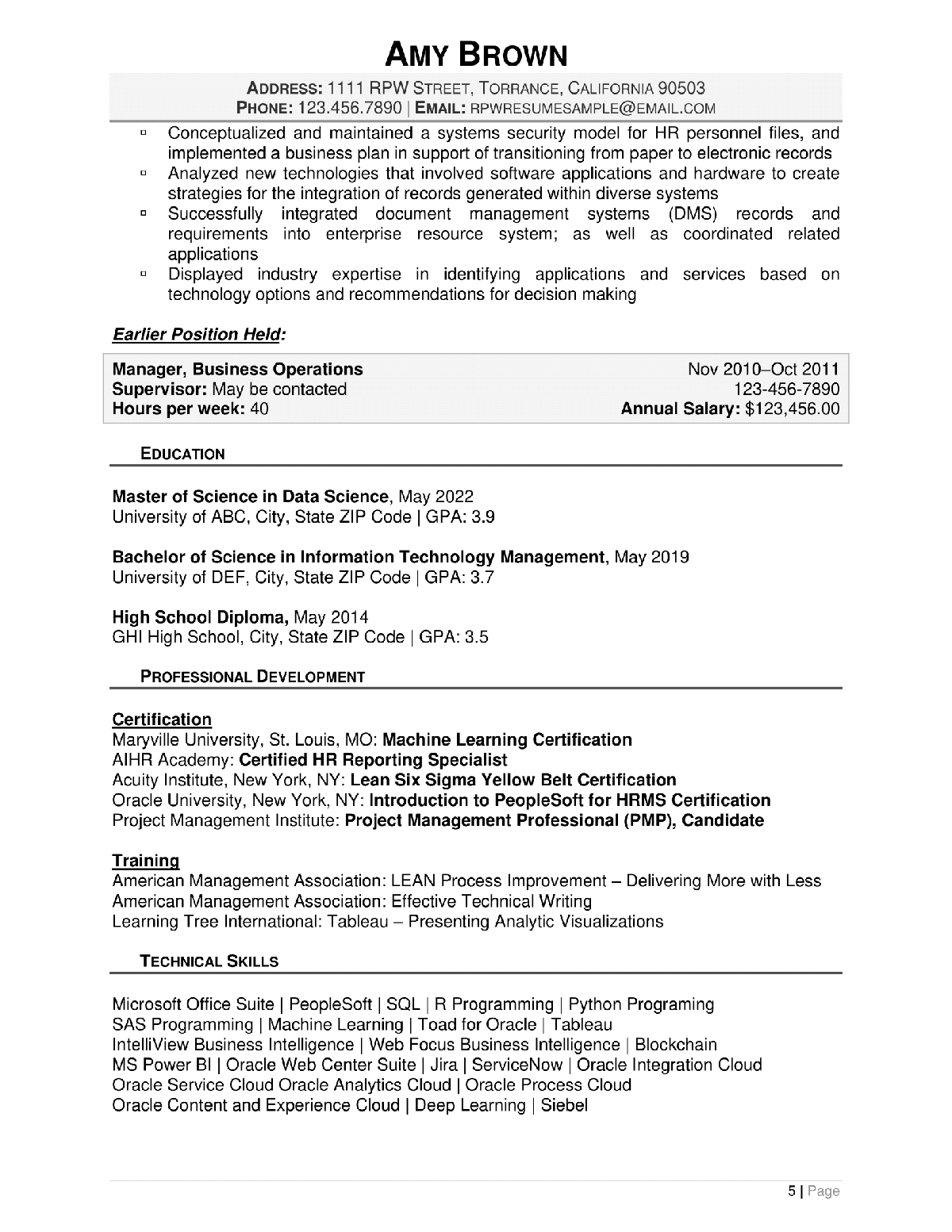 Chief Data Officer Federal Resume Example Page 5