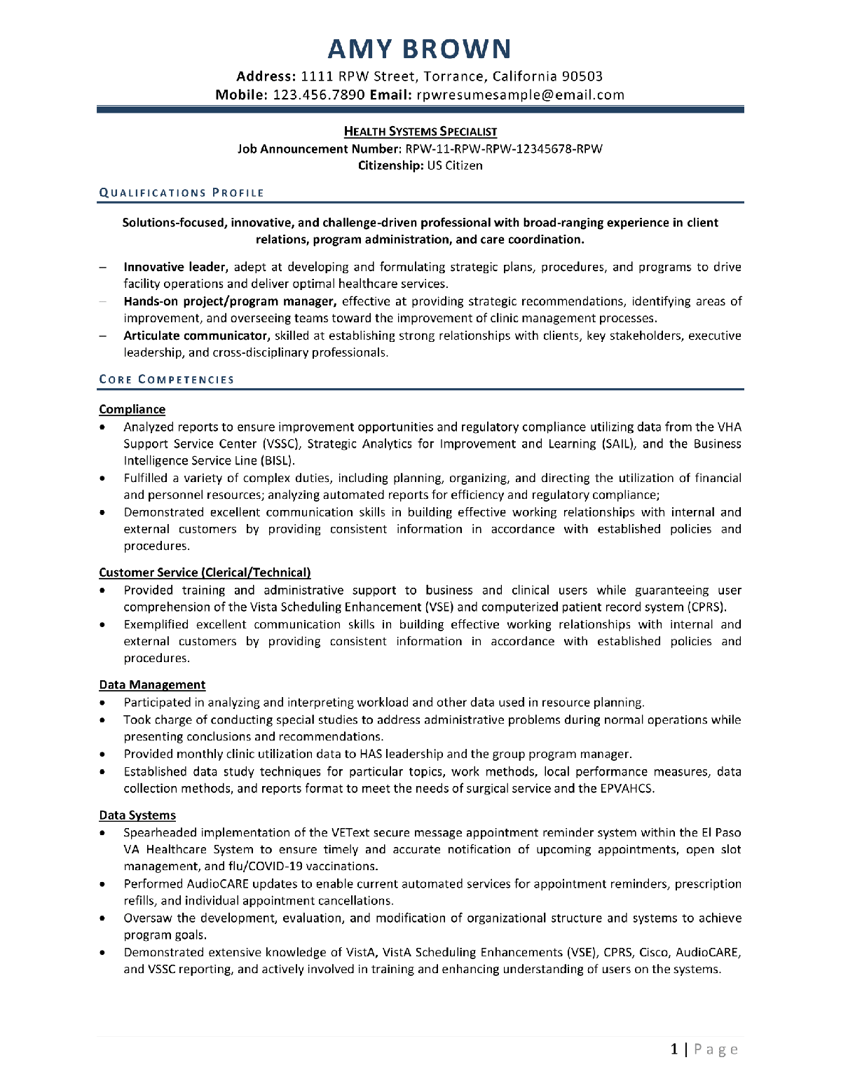 Health Systems Specialist Federal Resume Example Page 1