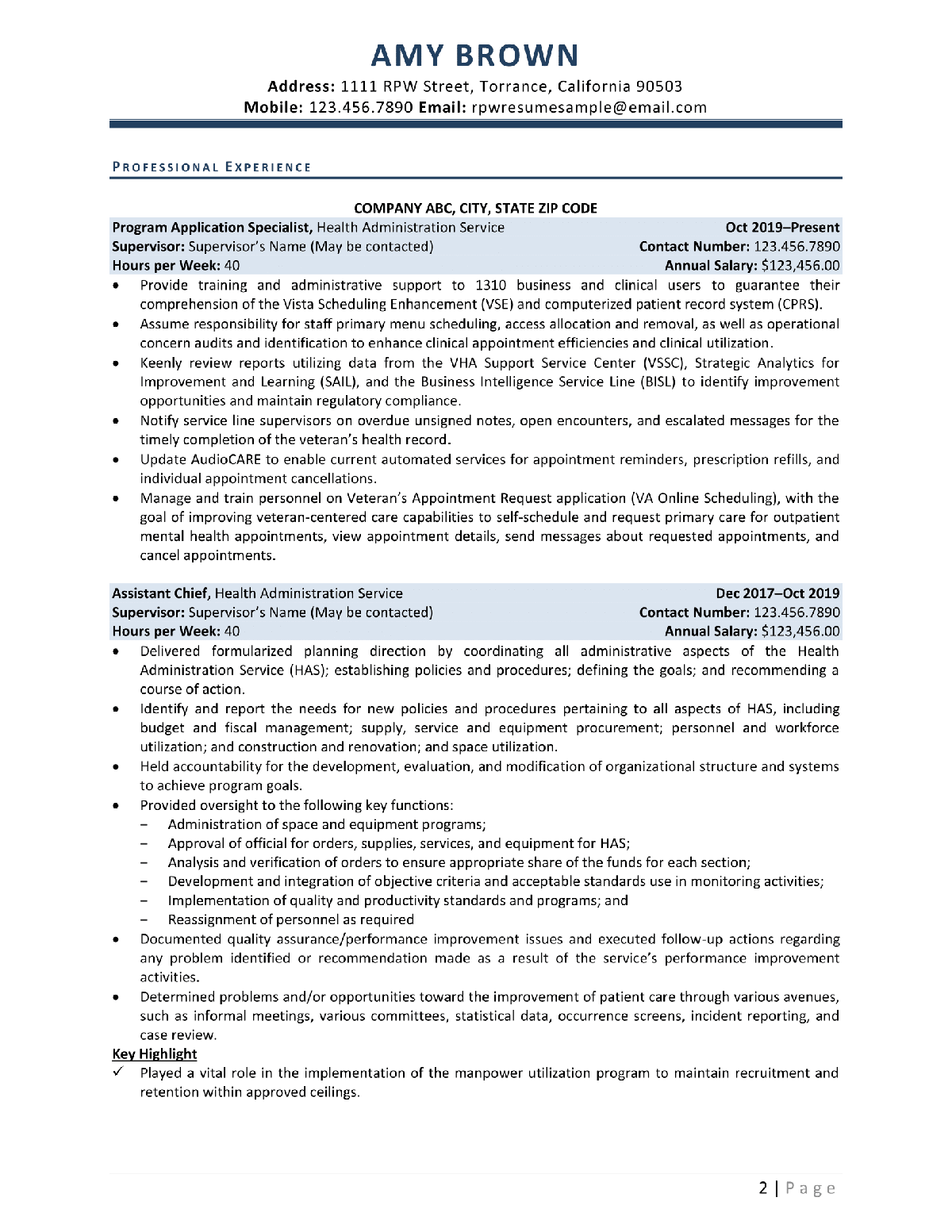 Health Systems Specialist Federal Resume Example Page 2