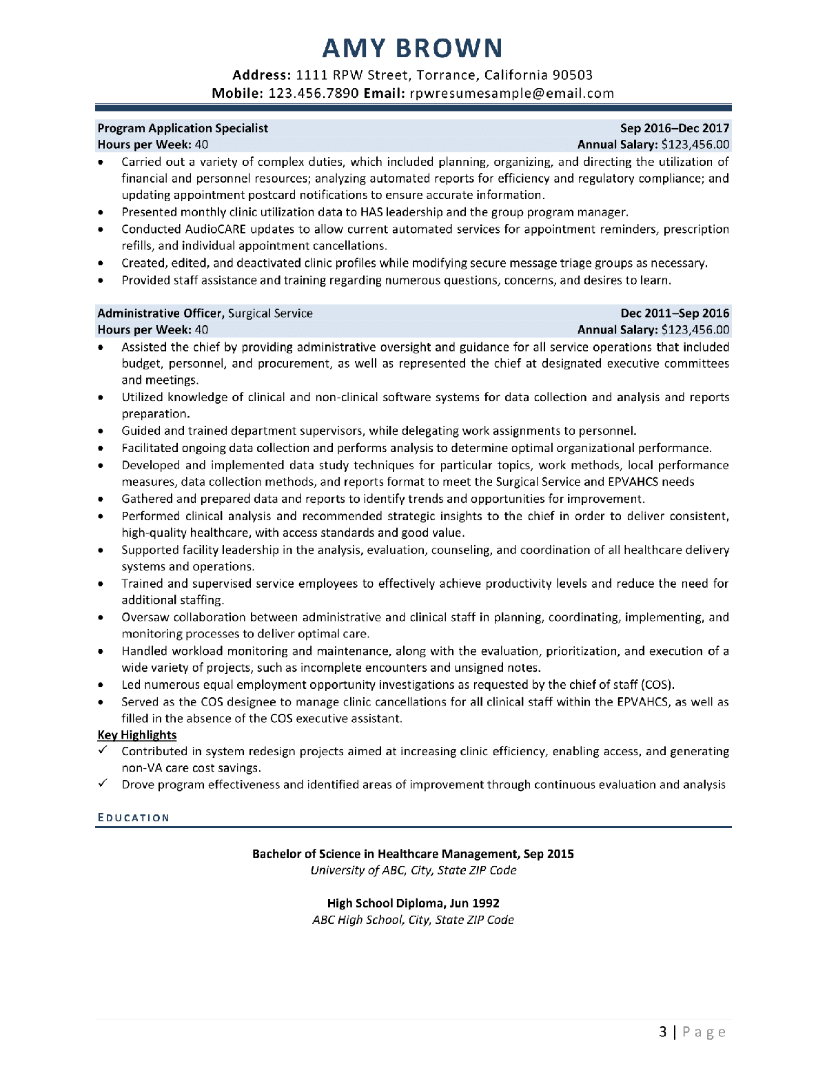 Health Systems Specialist Federal Resume Example Page 3