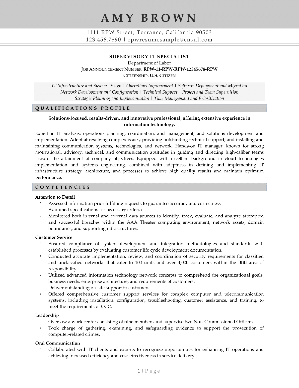 Information Technology Federal Resume Example Page 1