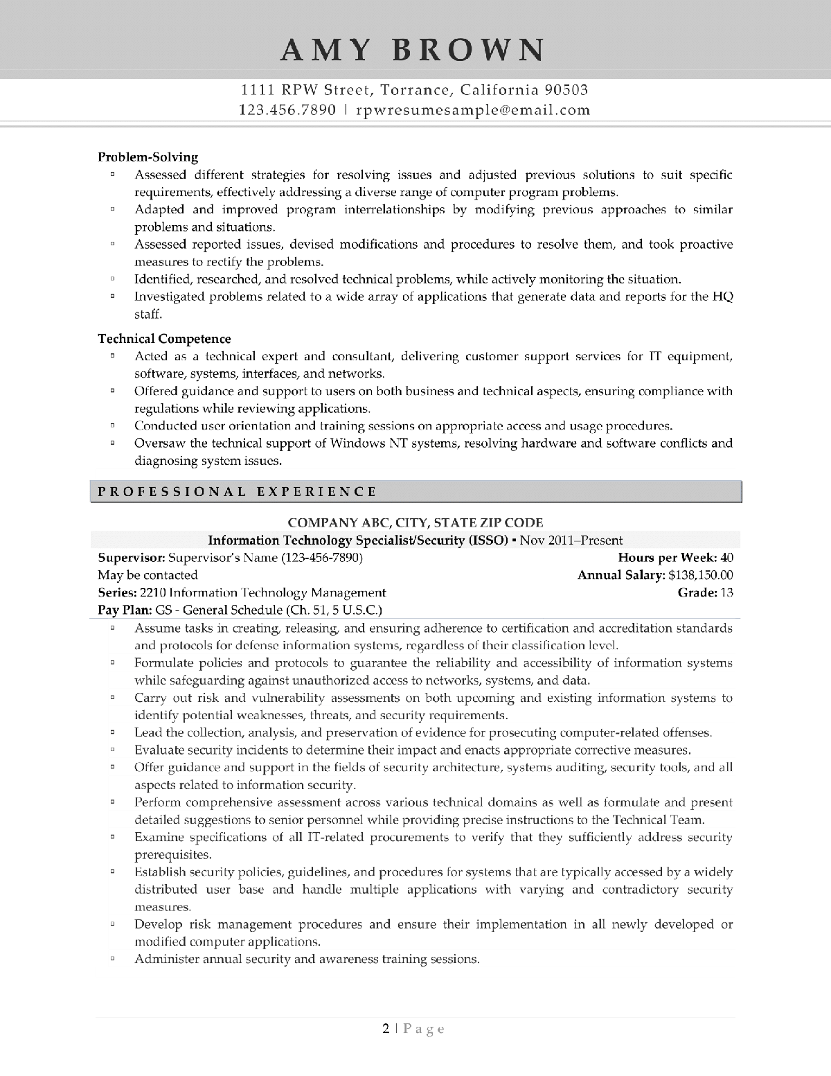 Information Technology Federal Resume Example Page 2