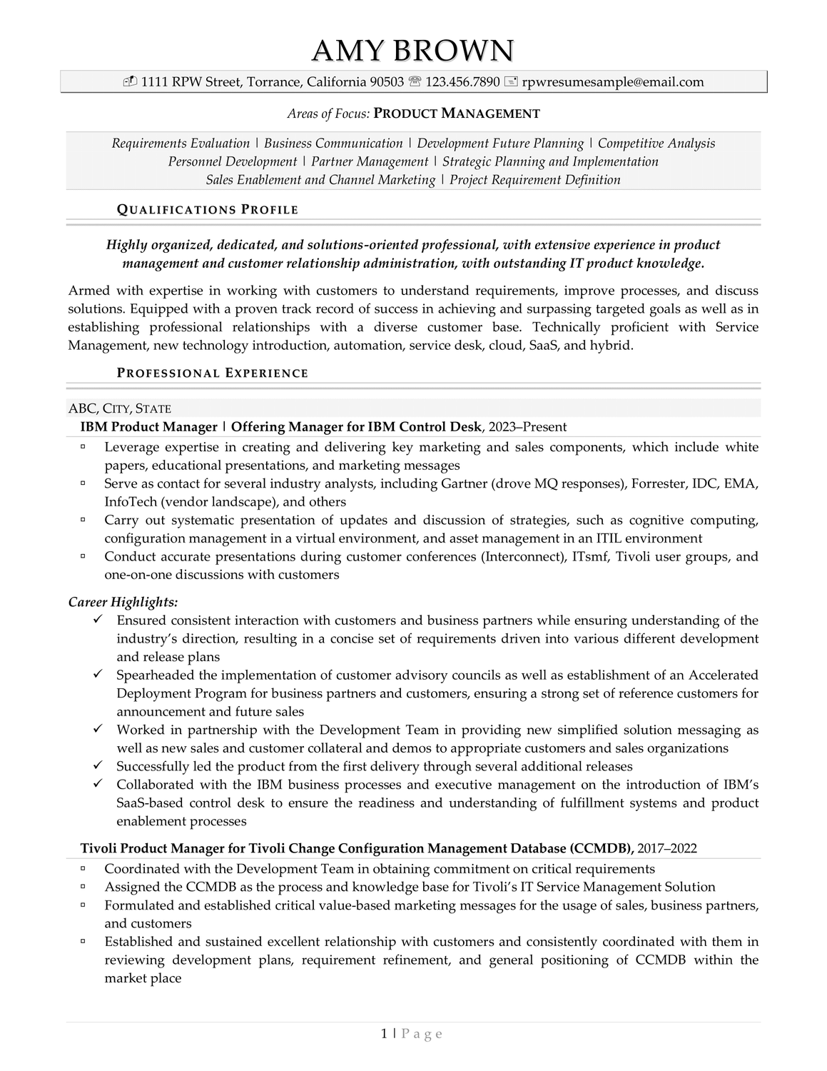Rpw Product Manager Resume Page 1