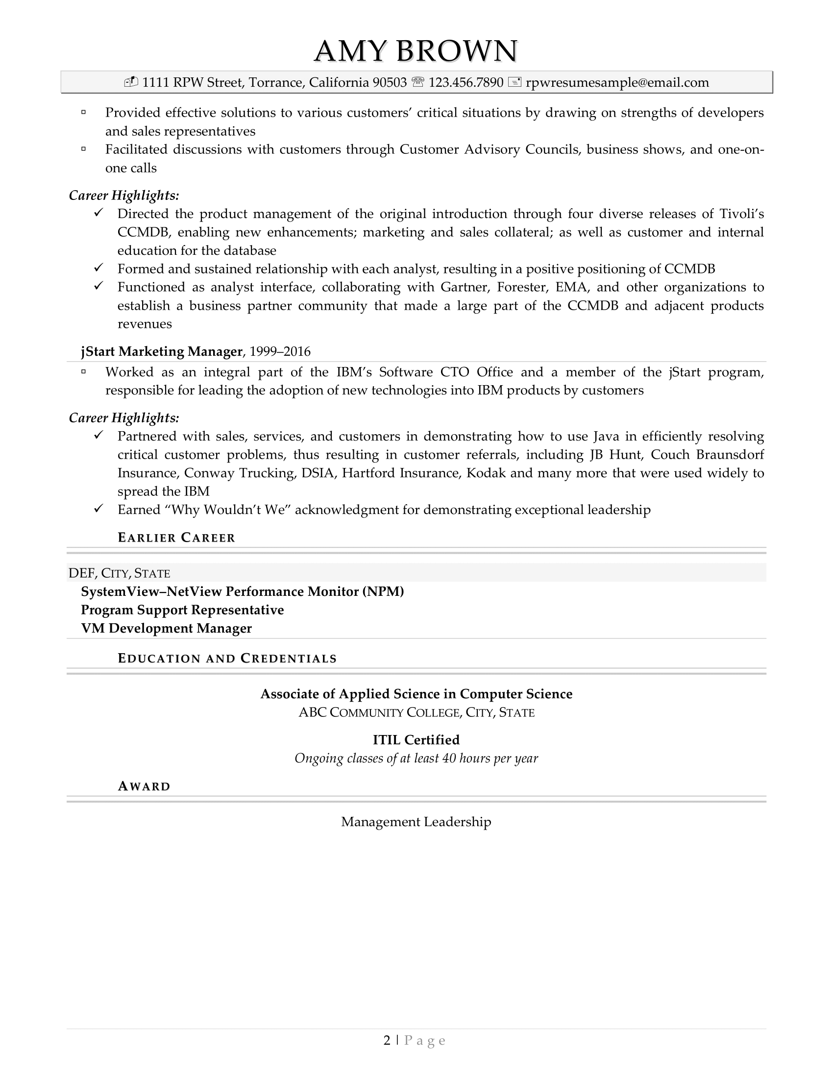 Rpw Product Manager Resume Page 2