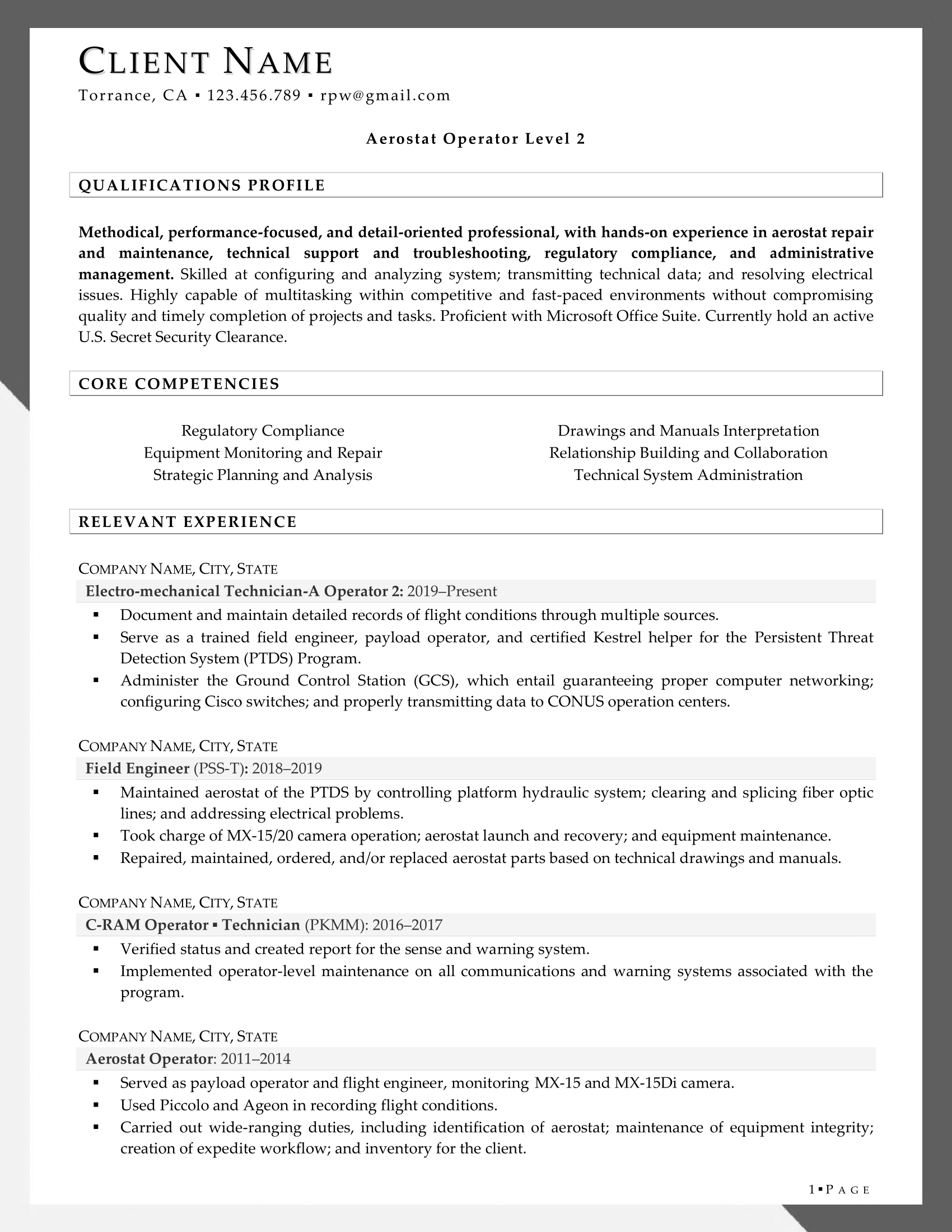 Rpw Aviation Resume Example Page 1