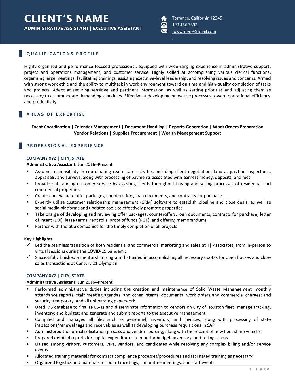 Administrative Assistant Resume Page One