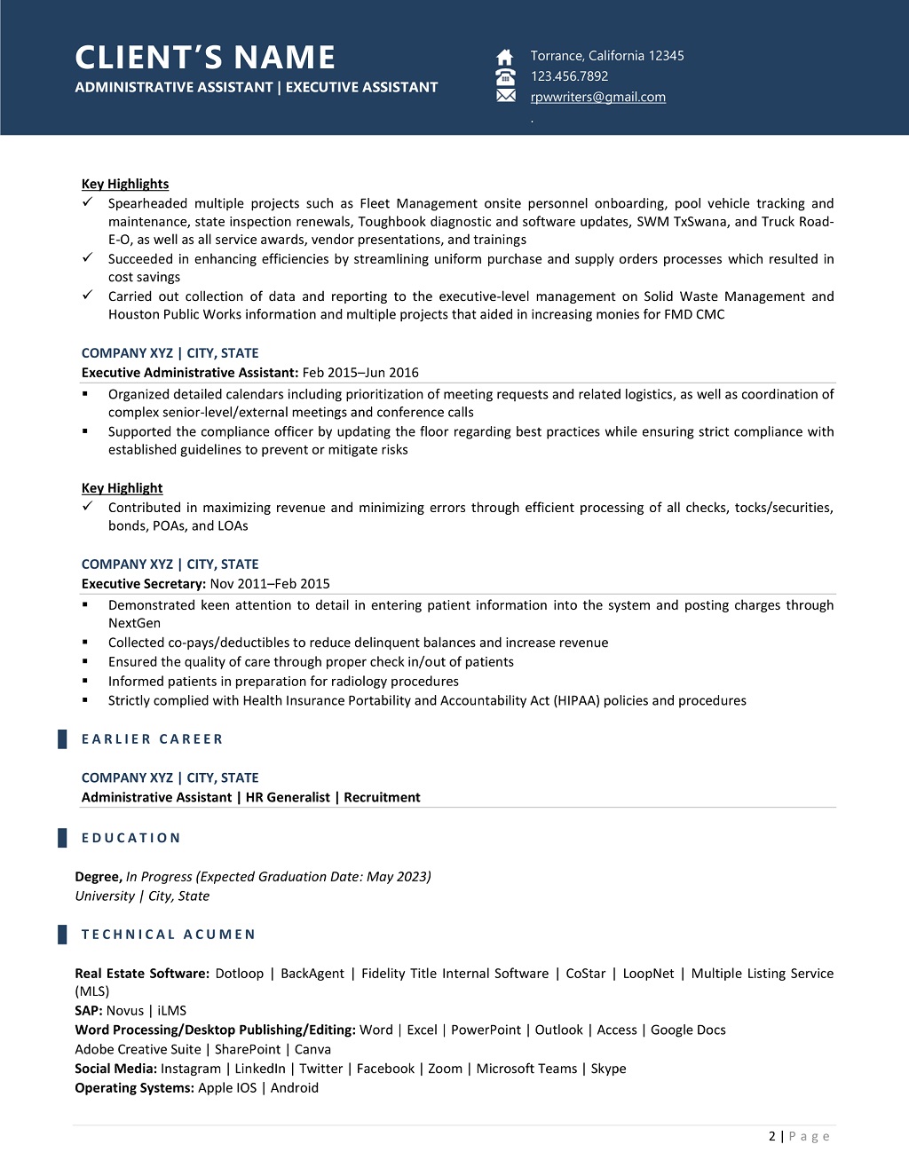Administrative Assistant Resume Page Two