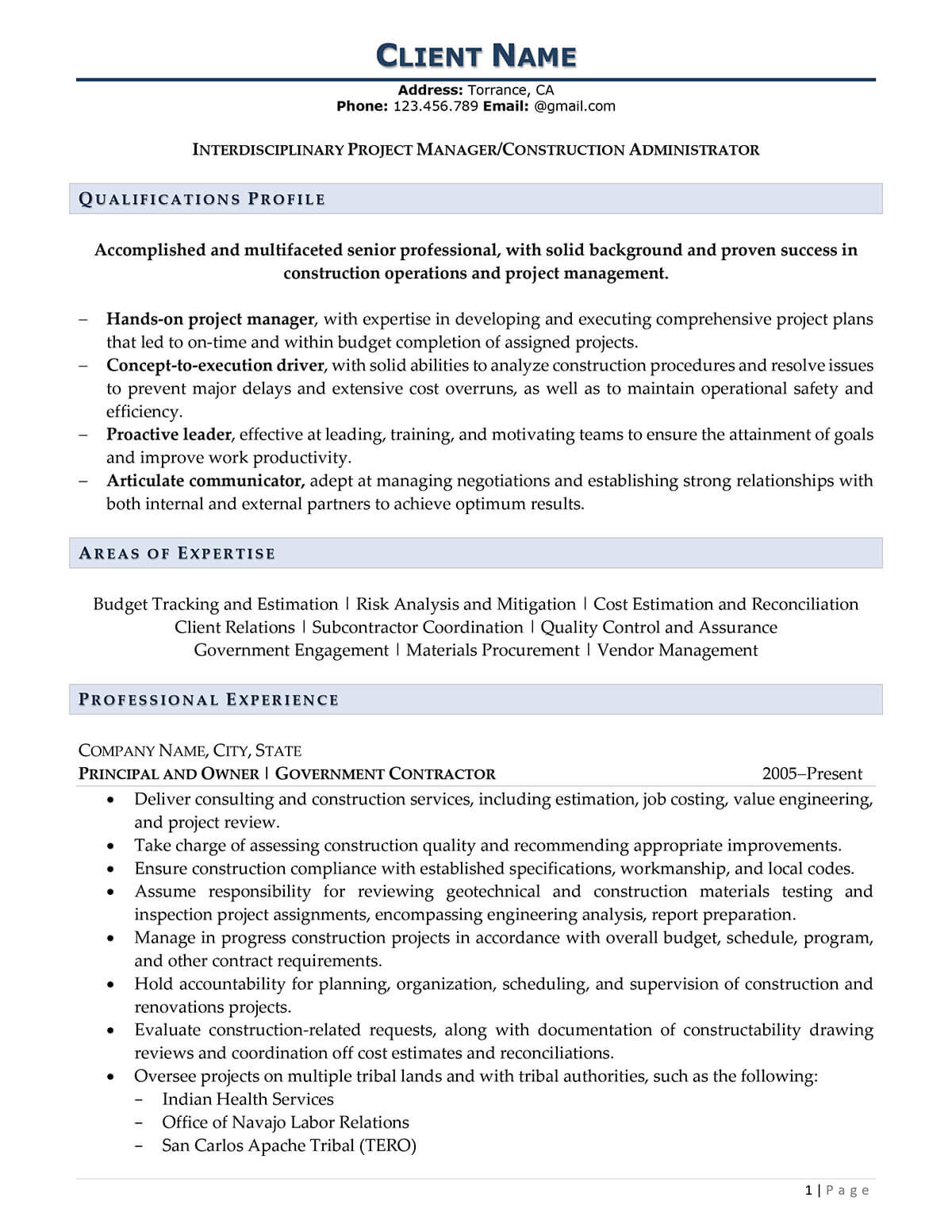 Rpw Construction Resume Example Page One