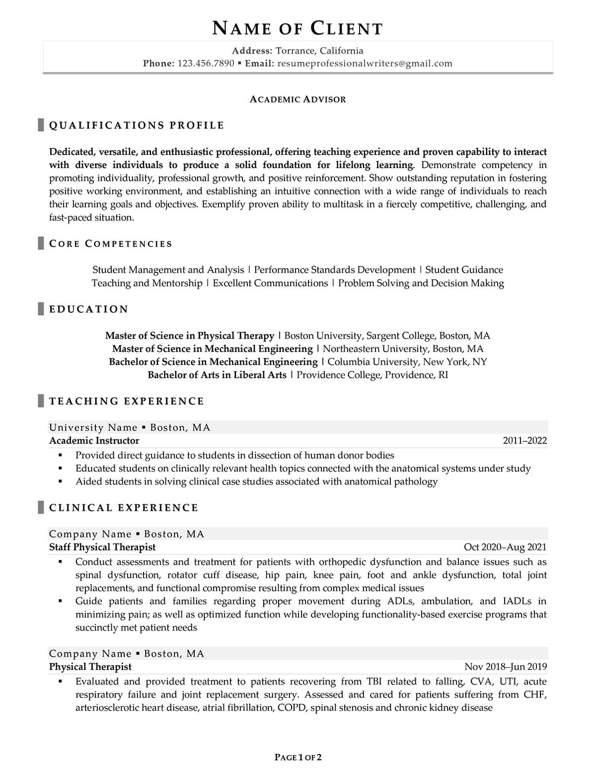 Rpw Academic Resume Example Page One