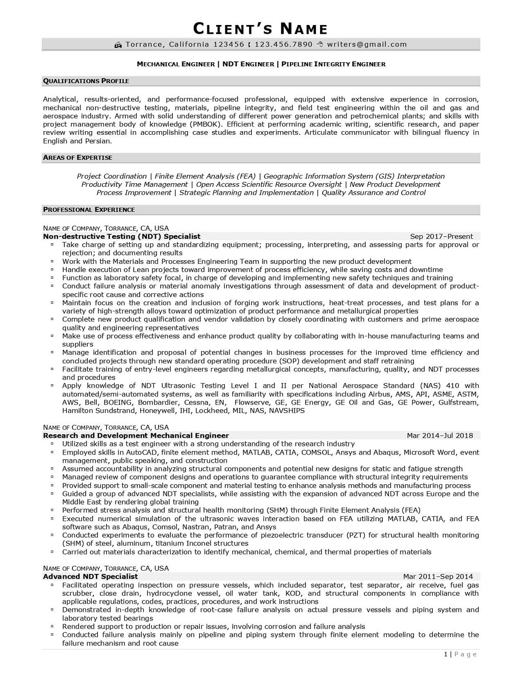 Rpw Oil And Gas Resume Example Page 1