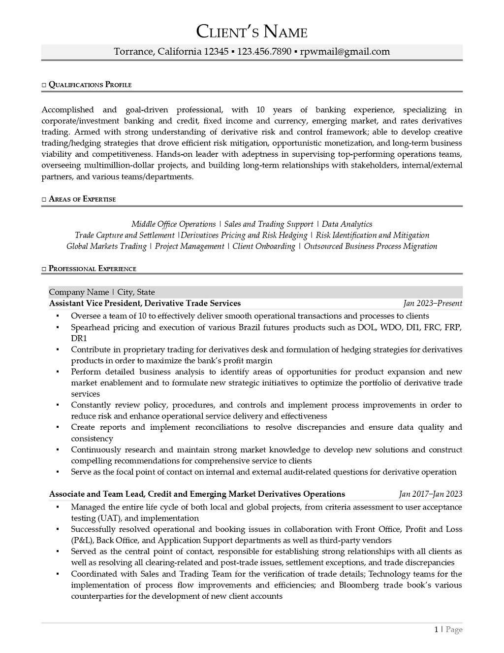 Investment Banking Resume Example Page One