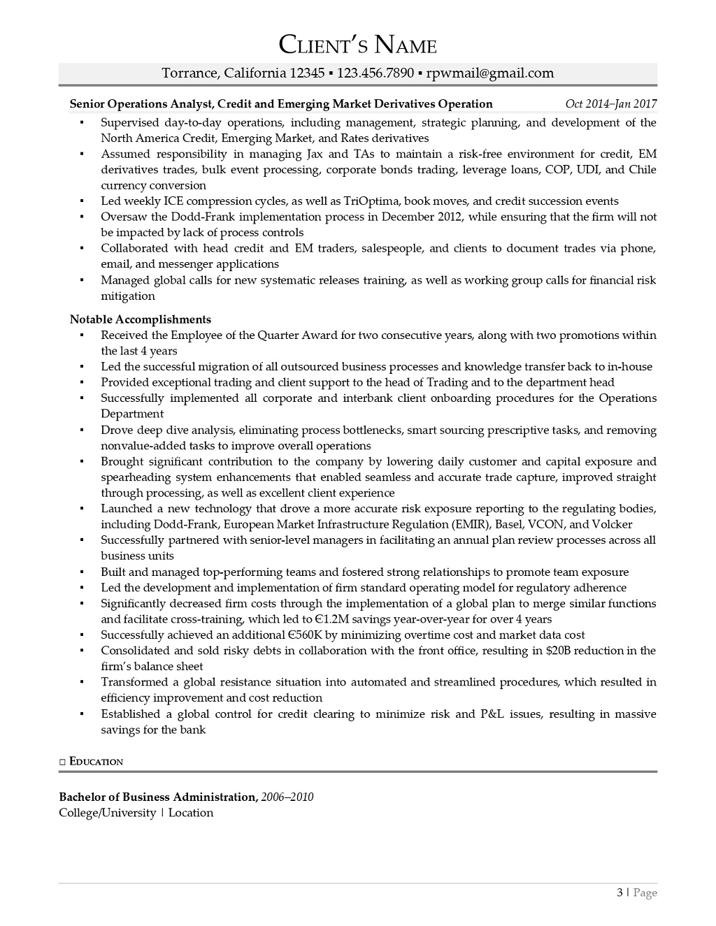 Investment Banking Resume Example Page Three