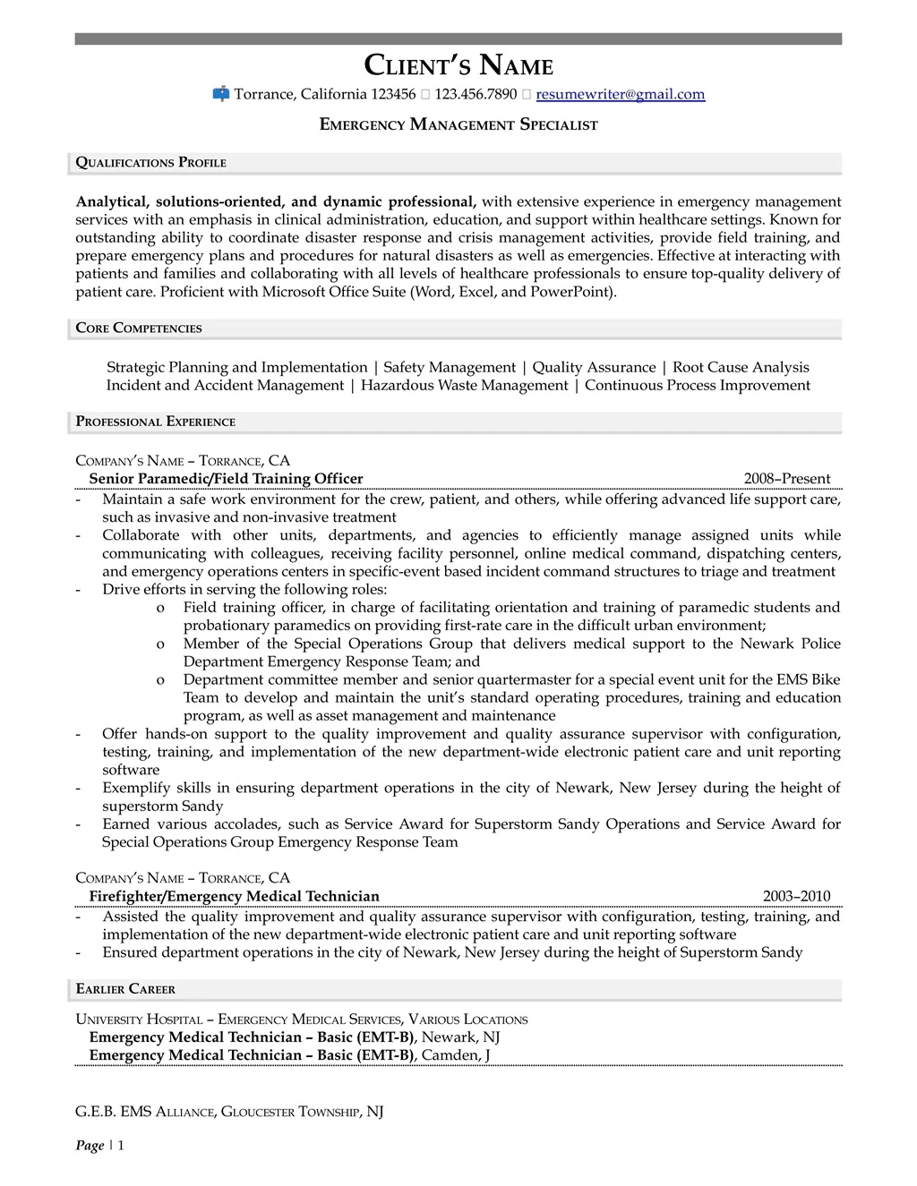 Emergency Management Resume Example Page One