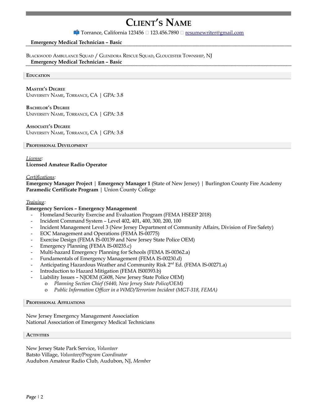 Emergency Management Resume Example Page Two