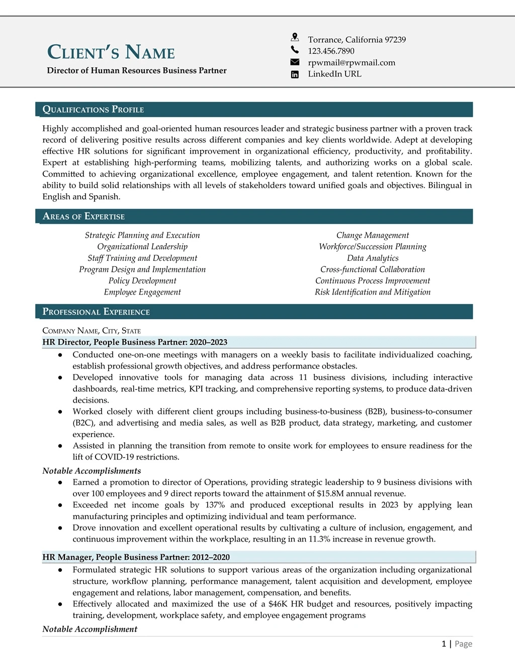 Human Resources Resume Example Page One