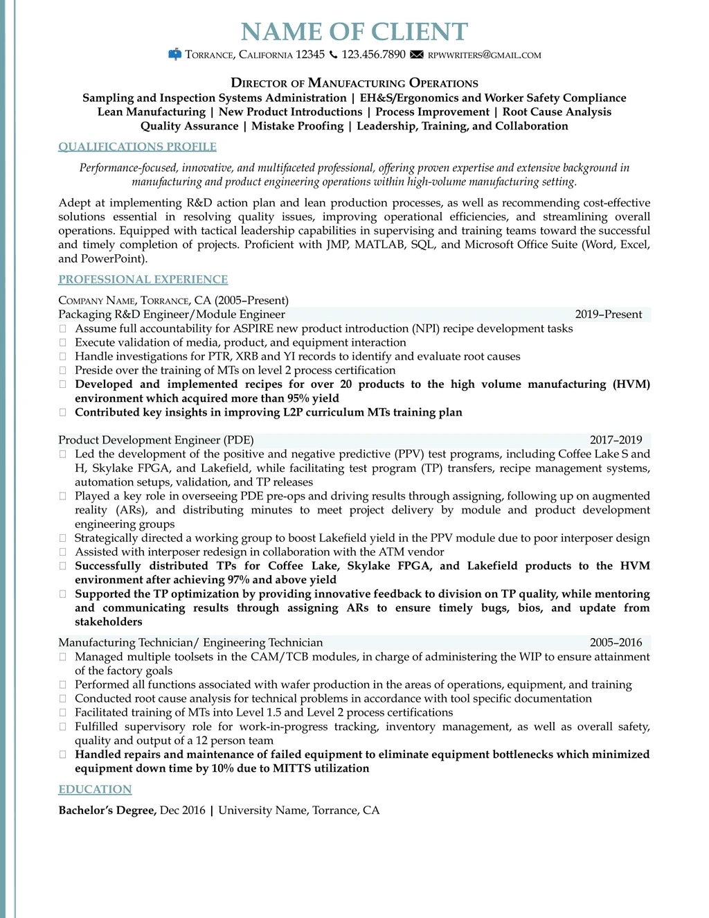 Manufacturing Resume Example