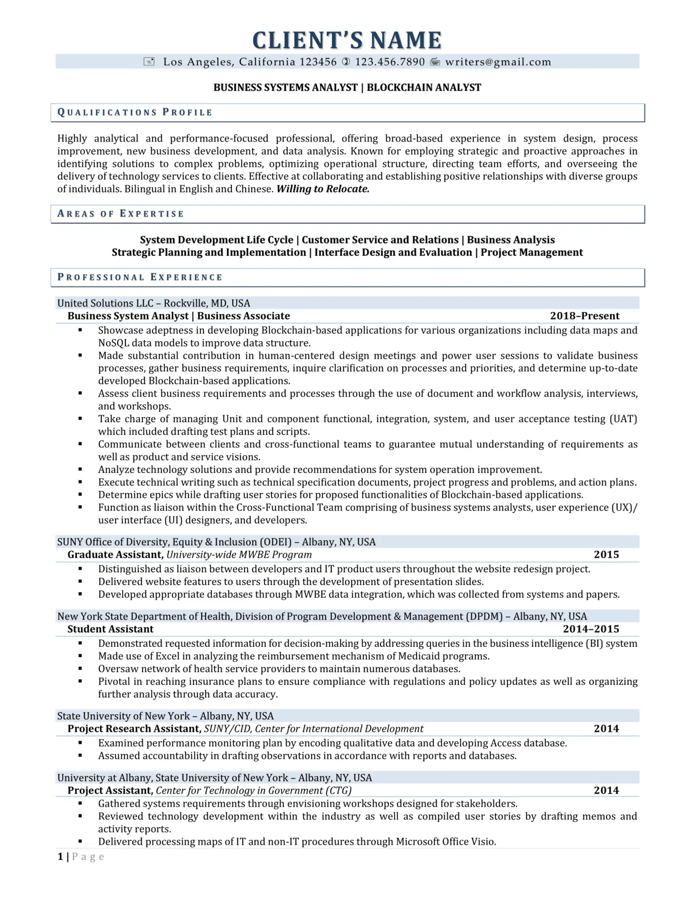 blockchain technology resume example page one