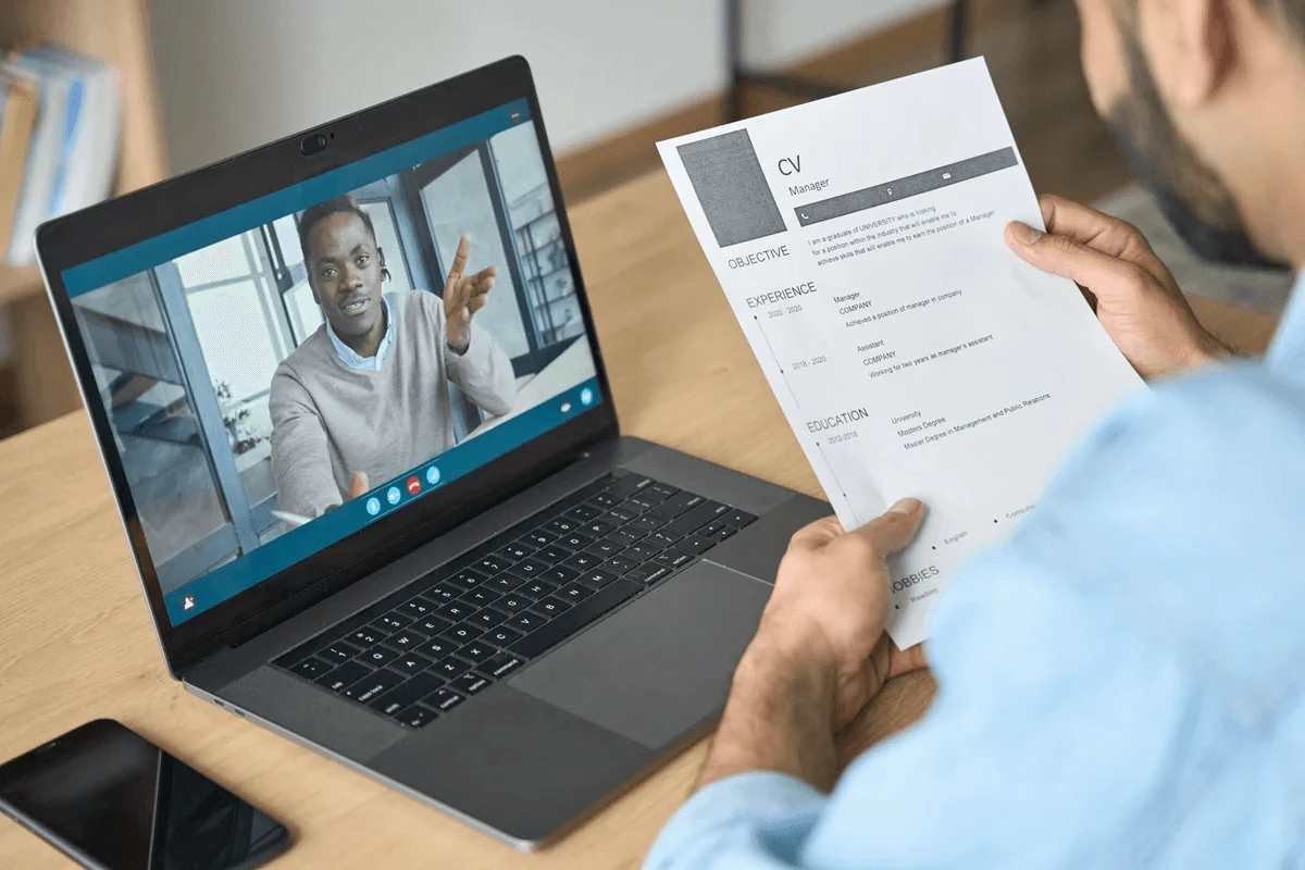 video job interview taking place in an office
