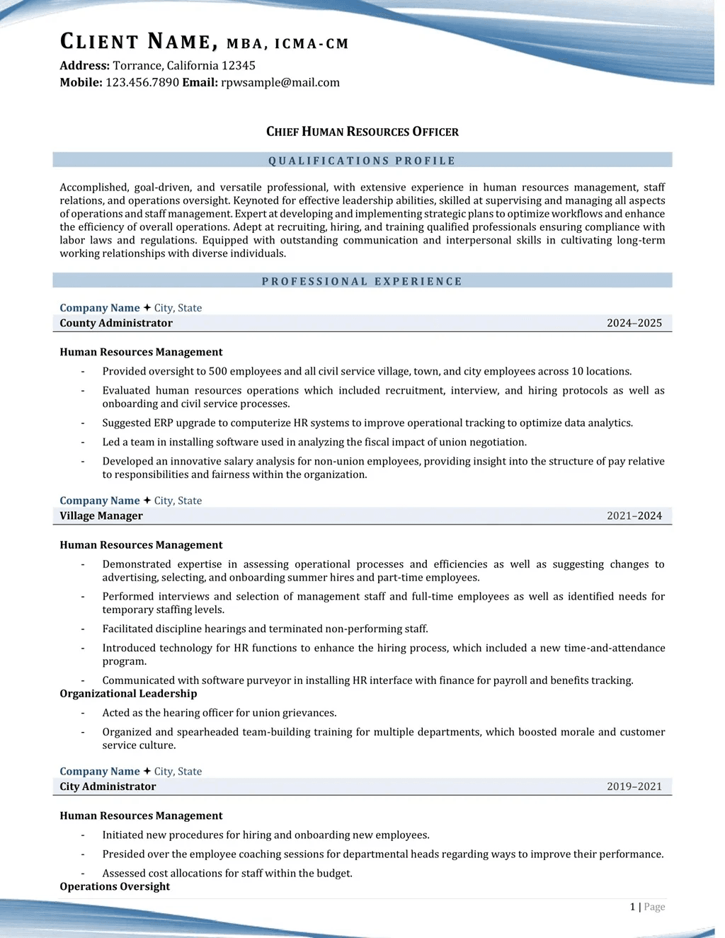 Chief Human Resource Officer Icma-Cm Resume Example Page One