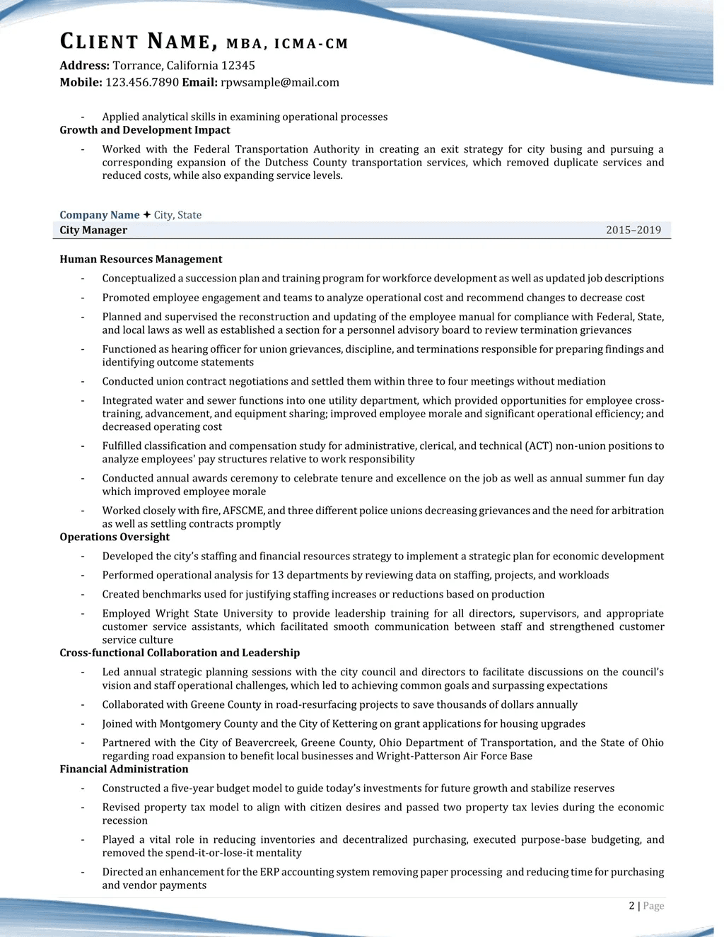 Chief Human Resource Officer Icma-Cm Resume Example Page Two