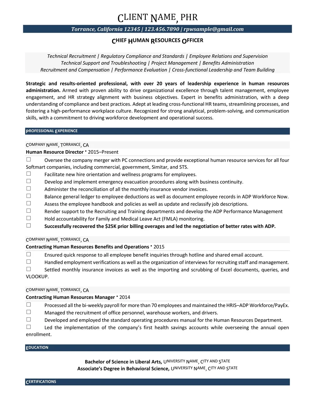 Chief Human Resource Officer (Phr) Resume Example Page One