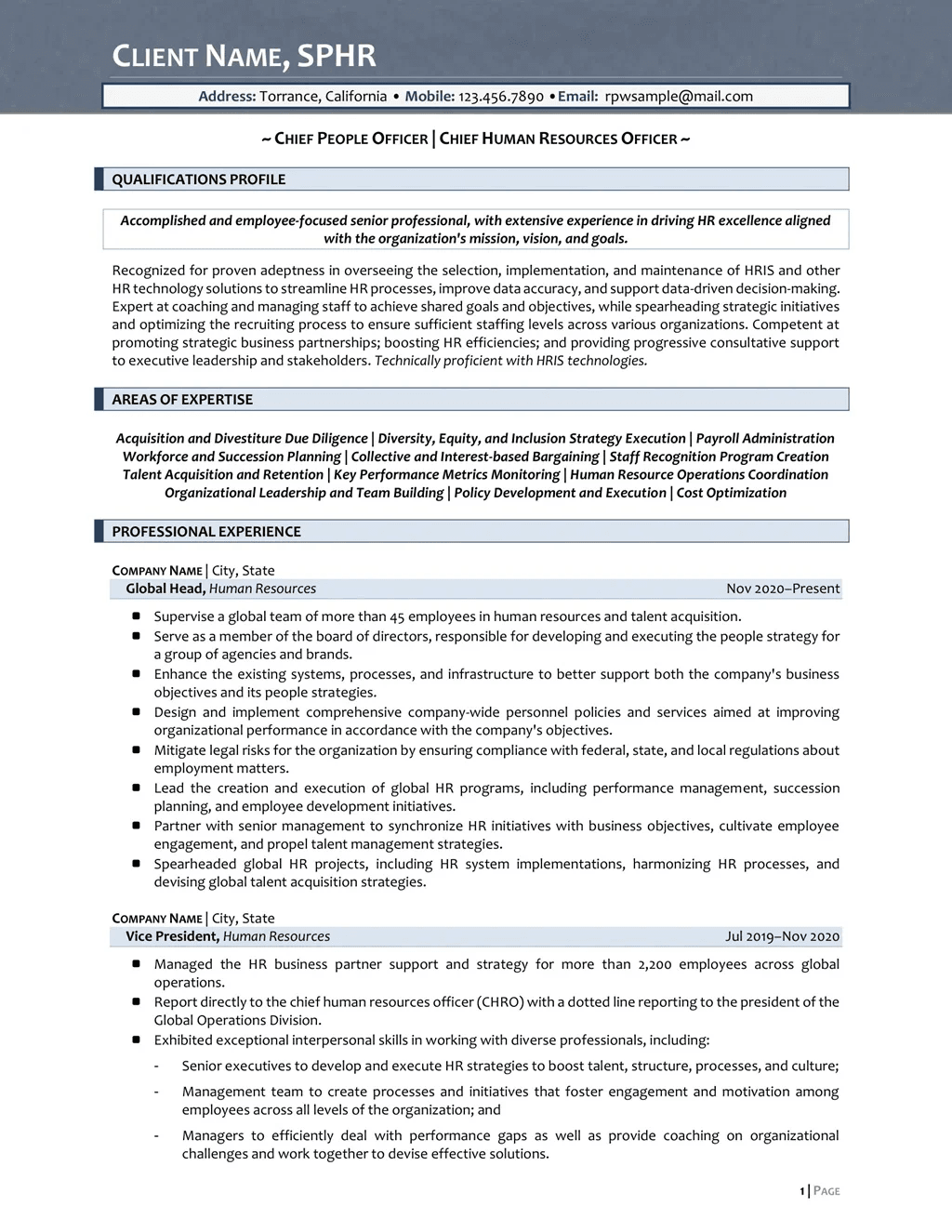 Chief Human Resource Officer (Sphr) Resume Example Page One