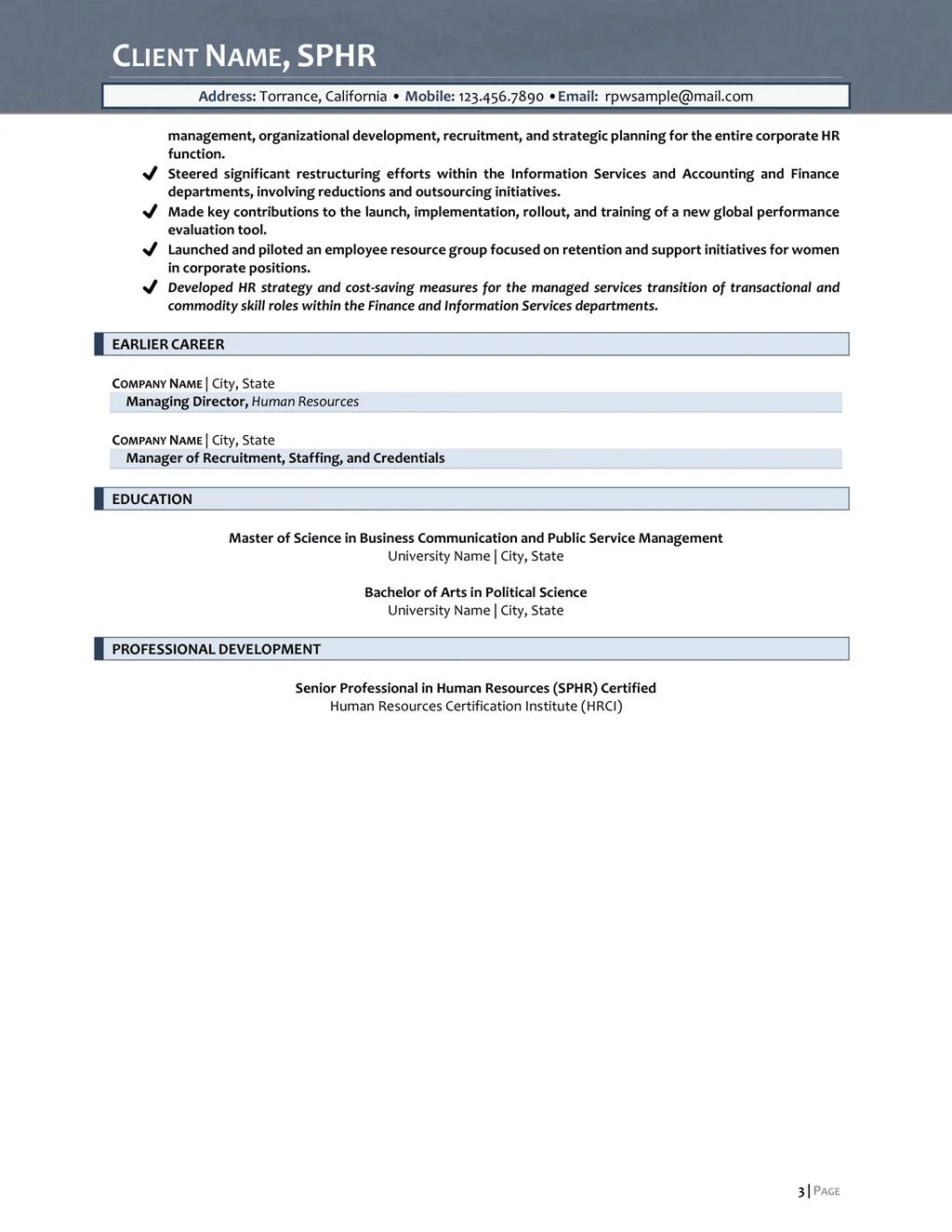 Chief Human Resource Officer (Sphr) Resume Example Page Three