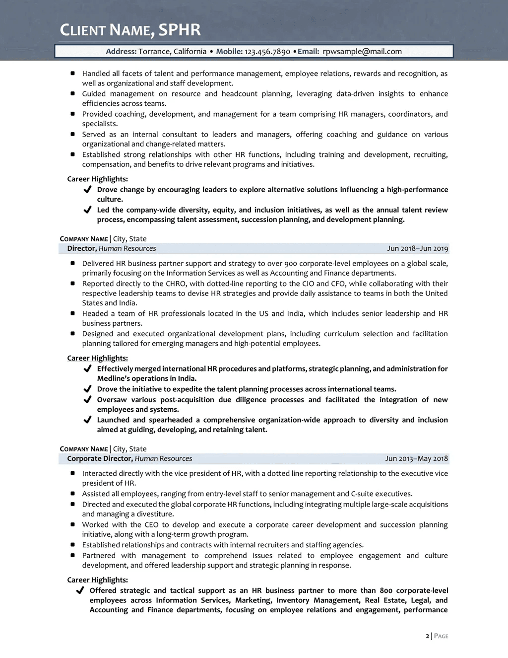 Chief Human Resource Officer (Sphr) Resume Example Page Two