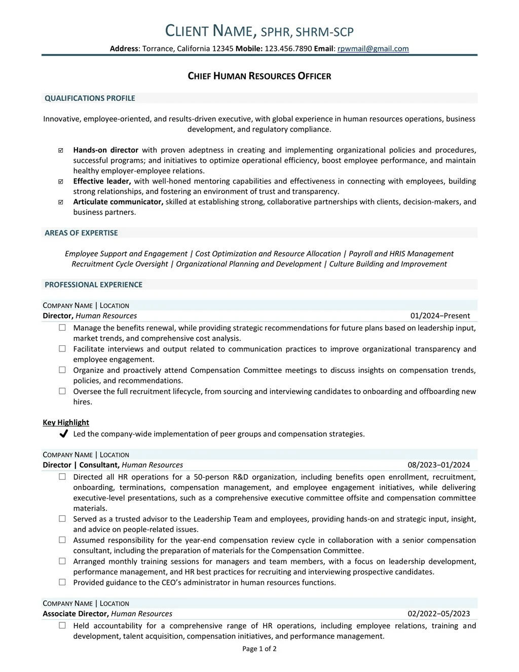 Chief Human Resources Officer Resume Example Iii Page One