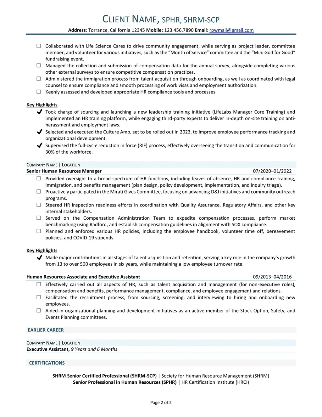 Chief Human Resources Officer Resume Example Iii Page Two