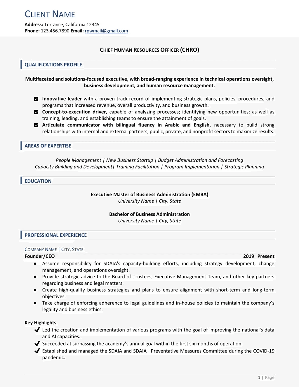 Chief Human Resources Officer Resume Example Iv Page One
