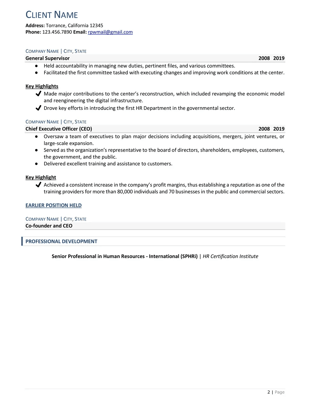 Chief Human Resources Officer Resume Example Iv Page Two