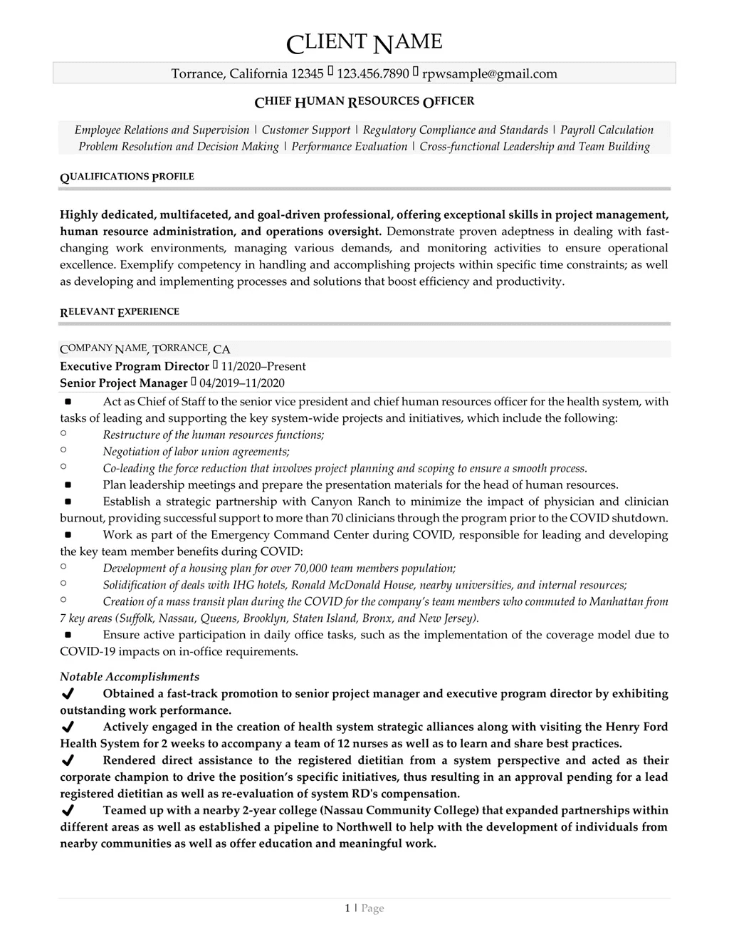 Chief Human Resources Officer Resume Example Page One