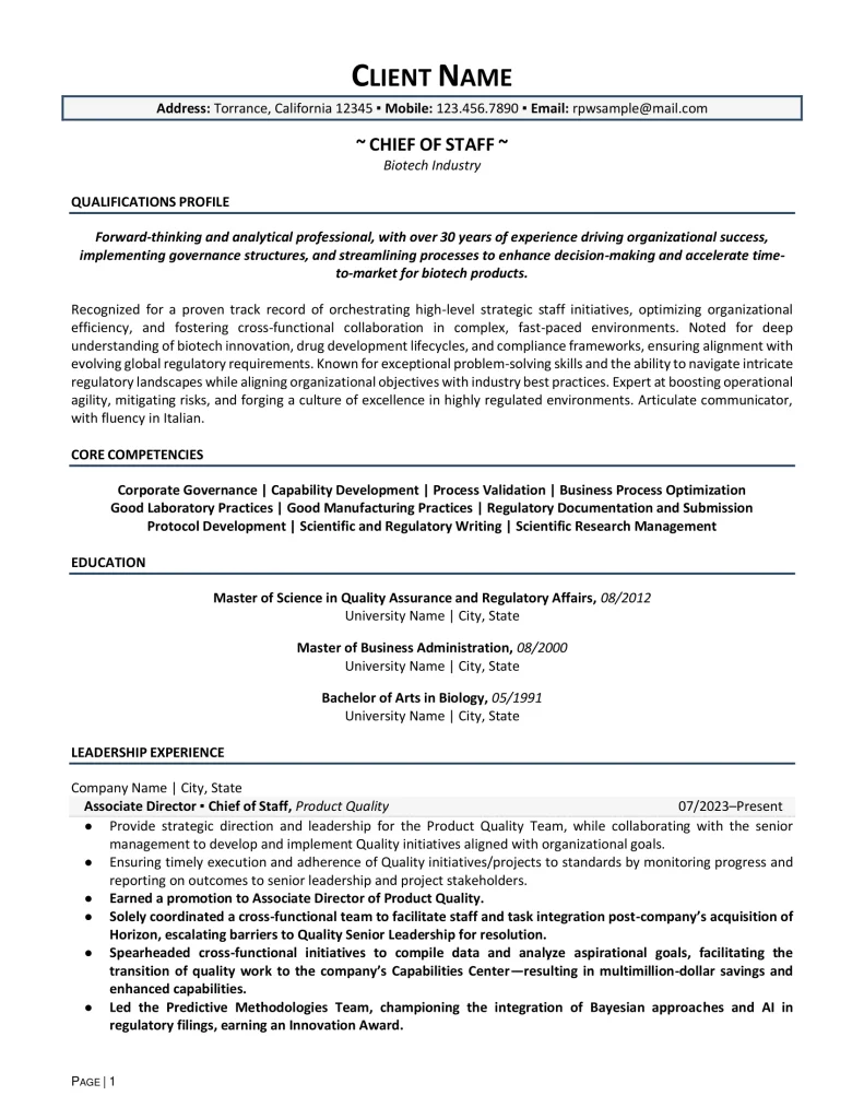 Chief Of Staff For Biotech Industry Resume Example Page One
