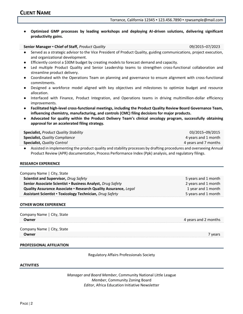 Chief Of Staff For Biotech Industry Resume Example Page Two