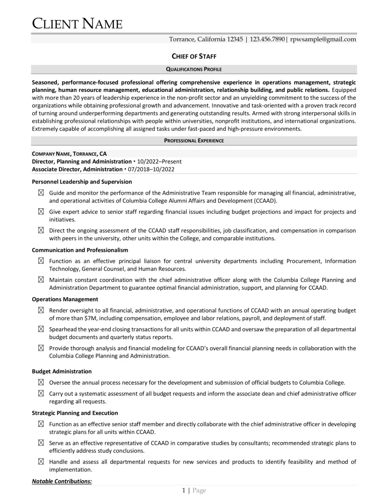 Chief Of Staff For Finance Industry Resume Example Page One