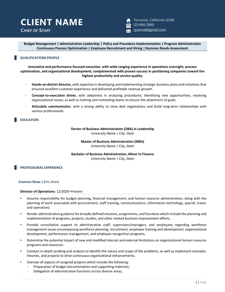 Chief Of Staff For Government Resume Example Page One