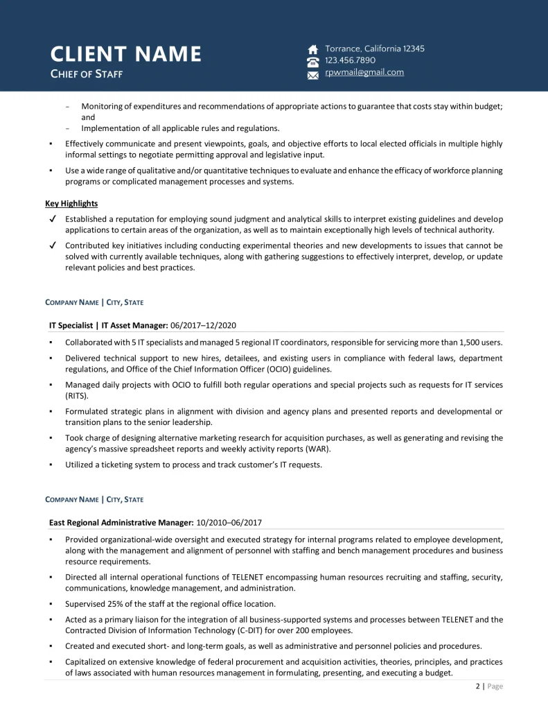 Chief Of Staff For Government Resume Example Page Two